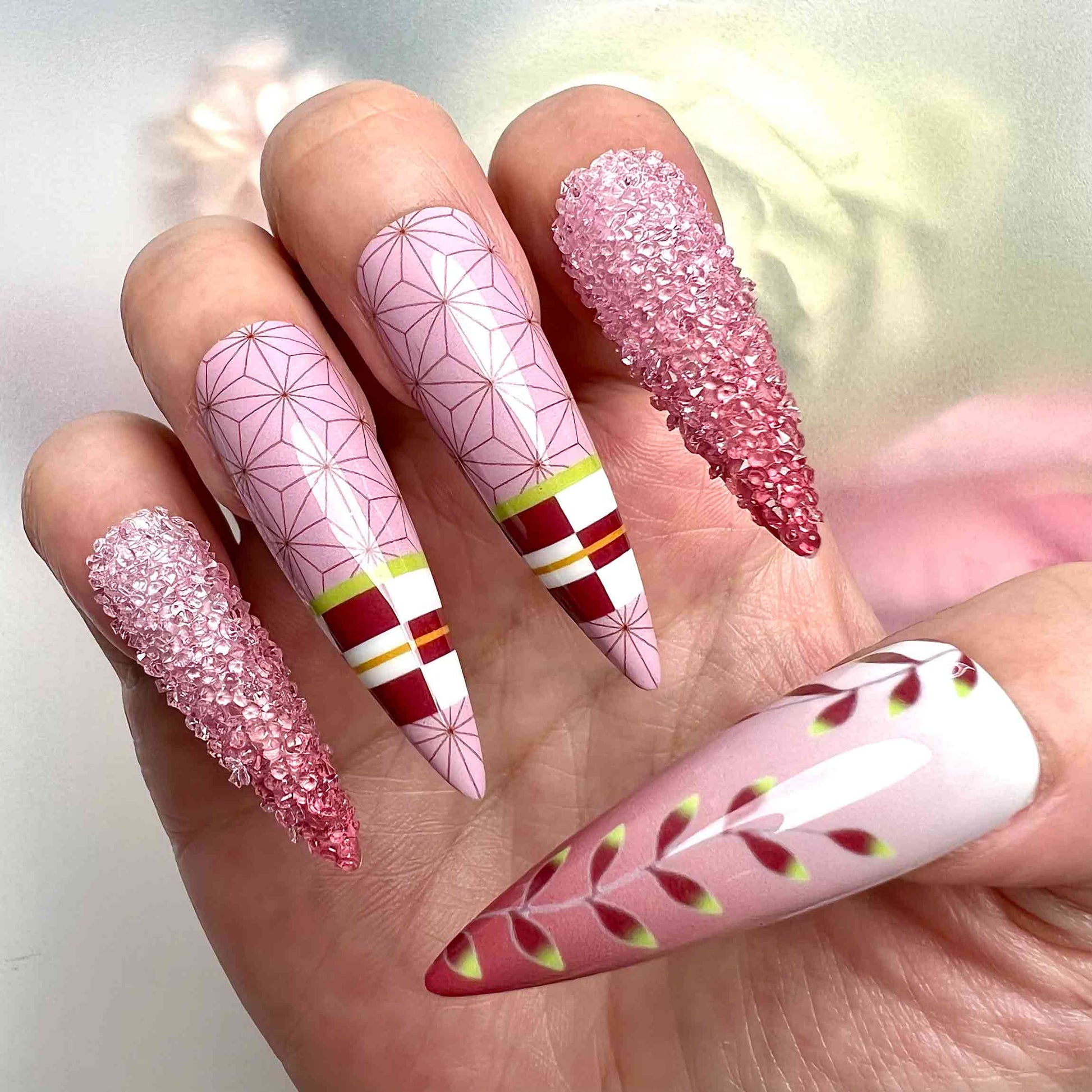 Nezuko Kamado Nails – Demon Slayer KNY Press-On Set, 3D Pink Crystal &amp; Asanoha Kimono Design | Dragonnail