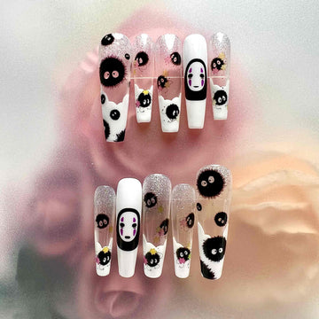 No-Face &amp; Soot Sprite Nails – Studio Ghibli Press-On Set, Glitter Black &amp; White Kawaii Design | Dragonnail