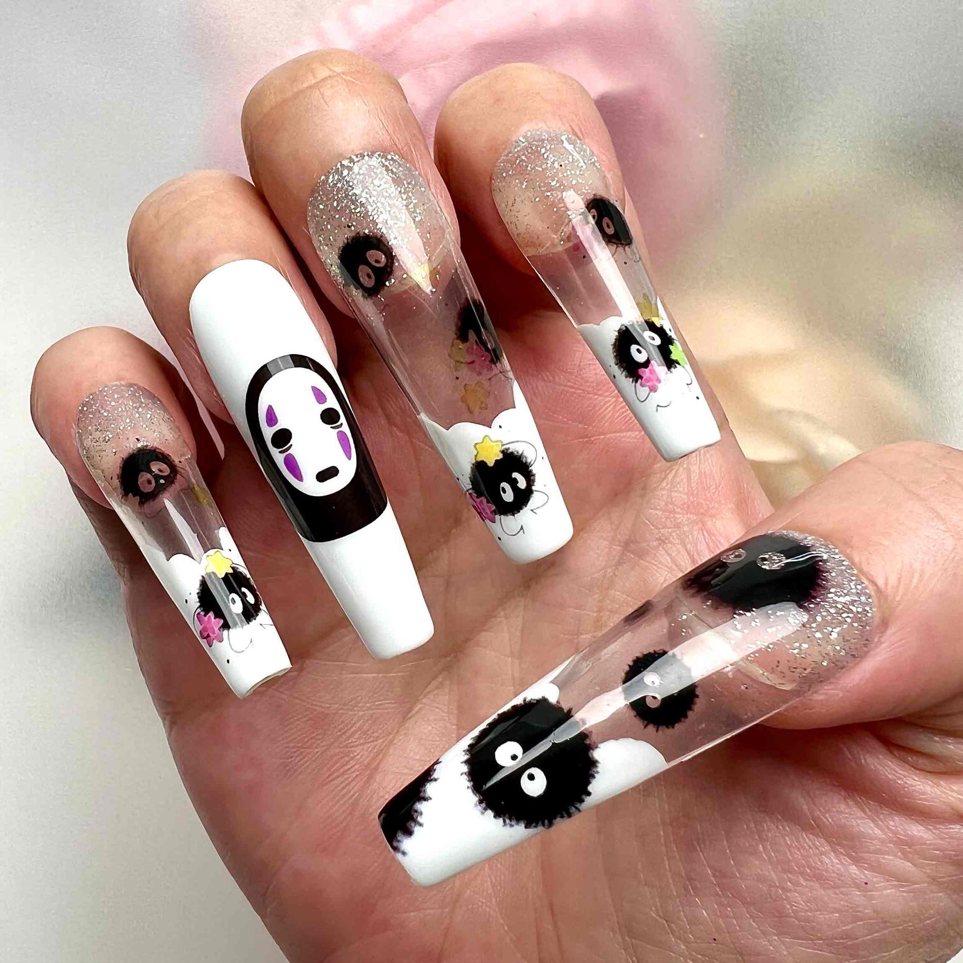 No-Face &amp; Soot Sprite Nails – Studio Ghibli Press-On Set, Glitter Black &amp; White Kawaii Design | Dragonnail