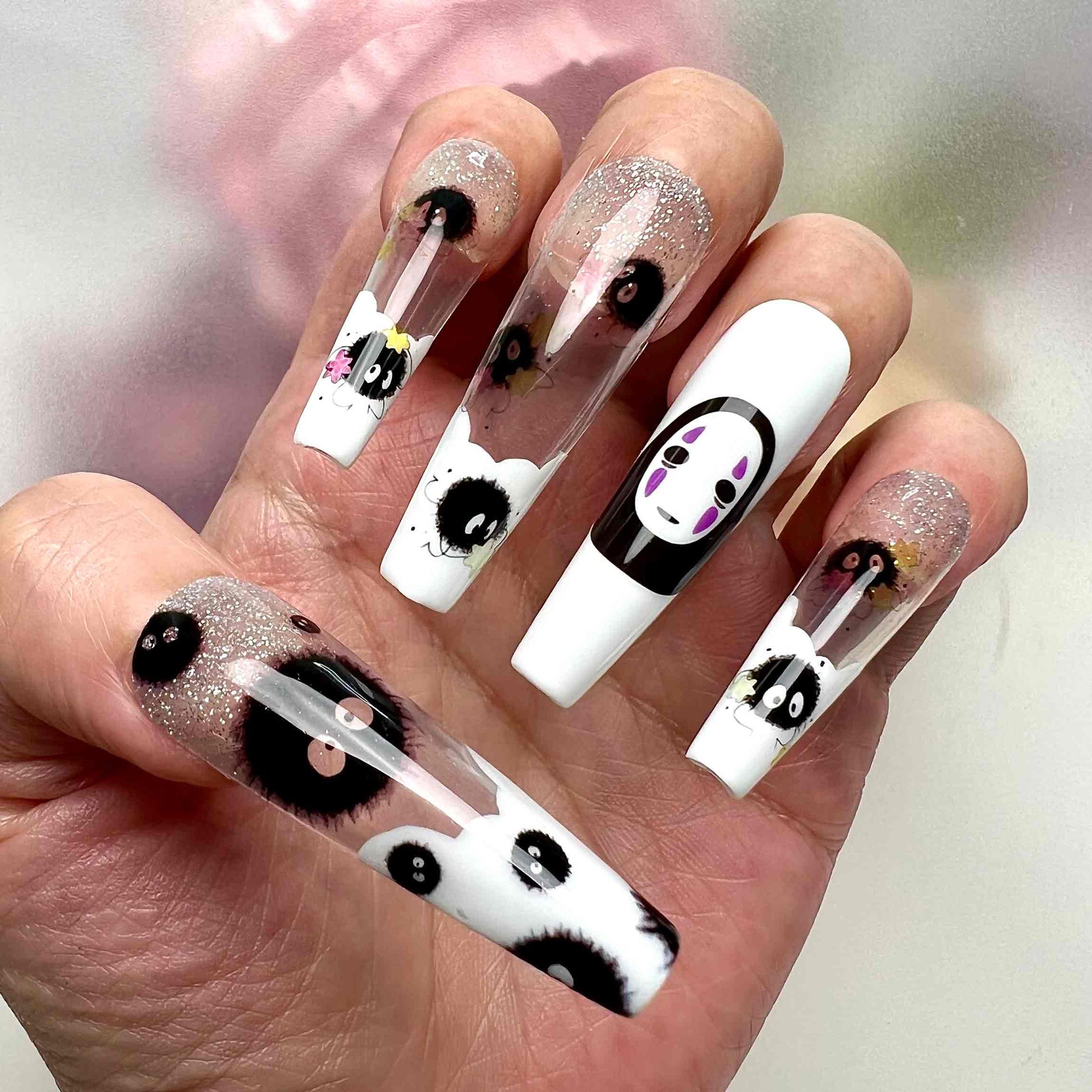 No-Face &amp; Soot Sprite Nails – Studio Ghibli Press-On Set, Glitter Black &amp; White Kawaii Design | Dragonnail