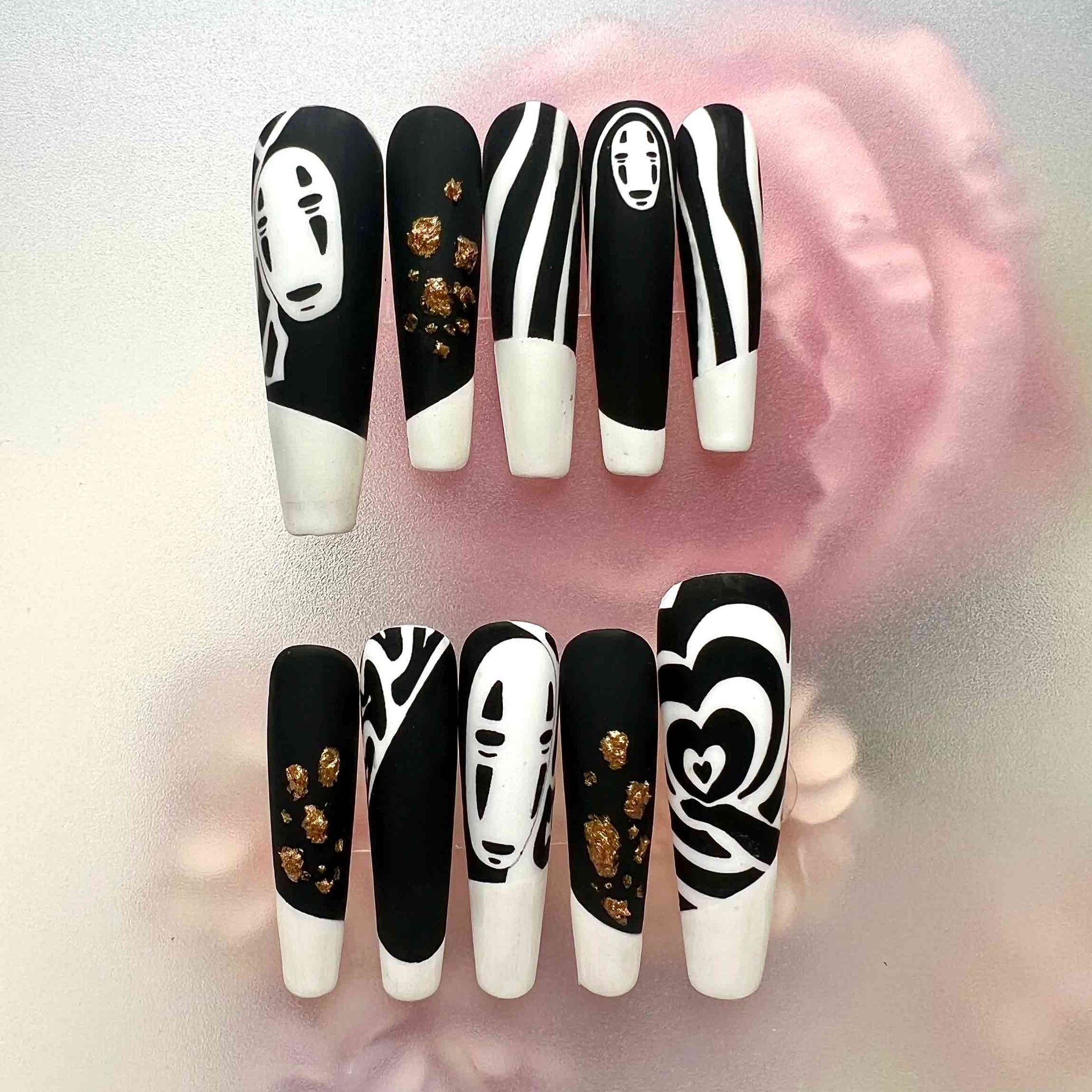 Studio Ghibli No-Face (Kaonashi) Press-On Nails | Monochromatic Spirited Away Set | Matte Black, Gold Flake &amp; Zen Aesthetic | Dragonnail