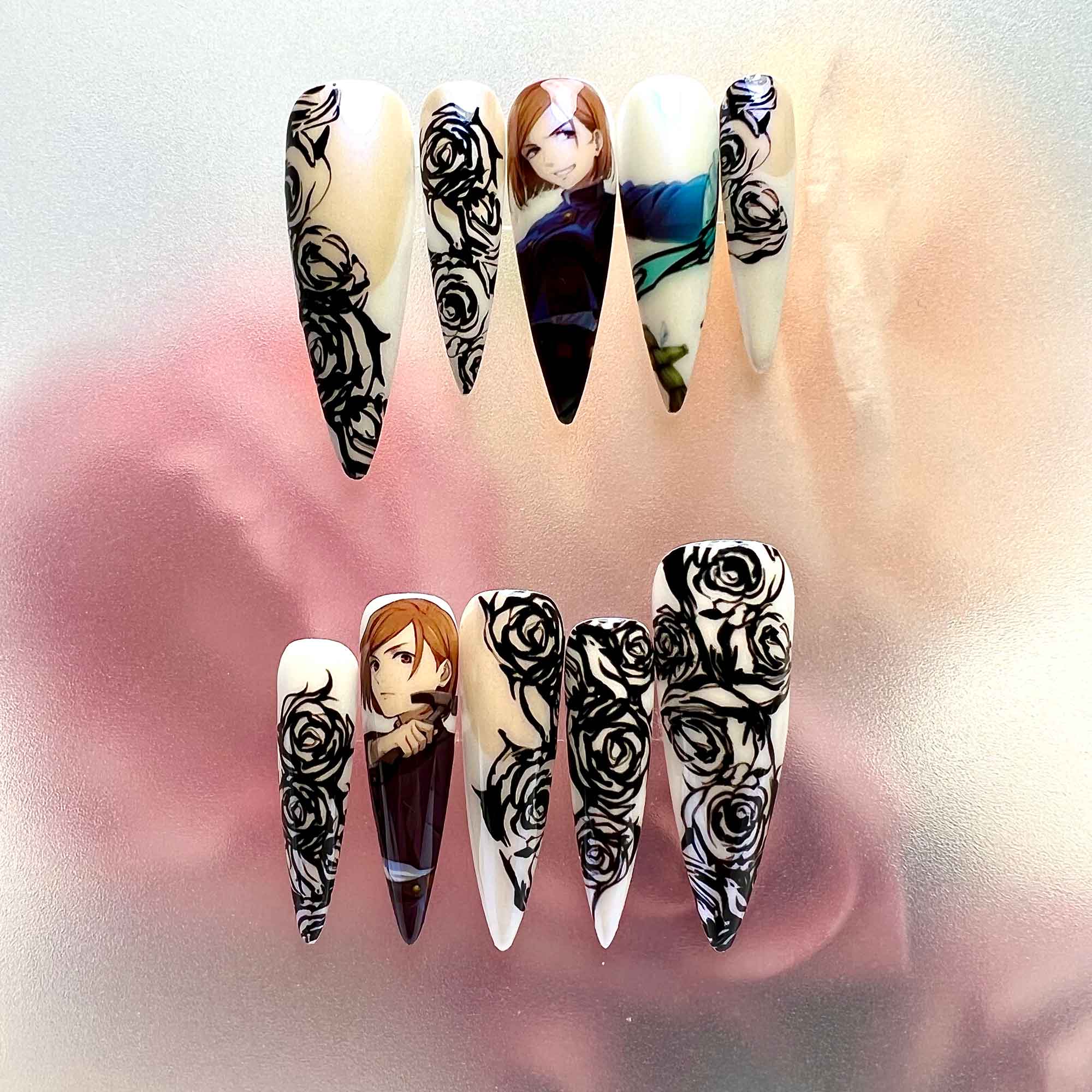 Nobara Kugisaki Nails – Jujutsu Kaisen Press-On Nail Set, Black Rose Curse Edition | Dragonnail