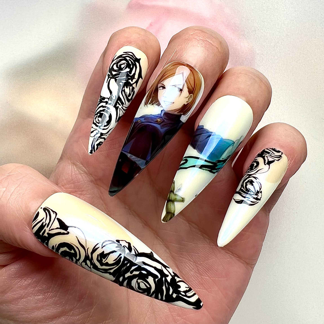 Nobara Kugisaki Nails – Jujutsu Kaisen Press-On Nail Set, Black Rose Curse Edition | Dragonnail