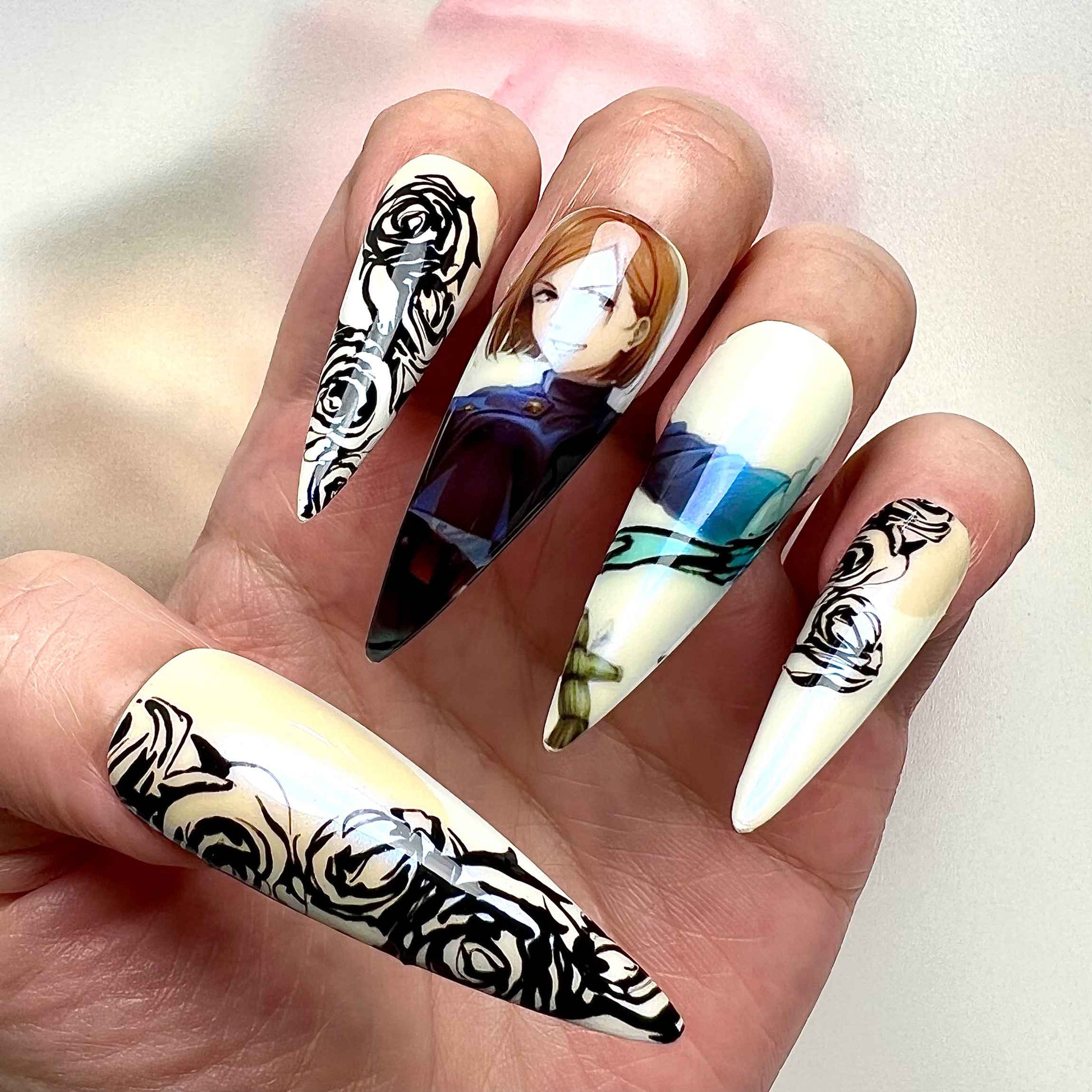 Nobara Kugisaki Nails – Jujutsu Kaisen Press-On Nail Set, Black Rose Curse Edition | Dragonnail