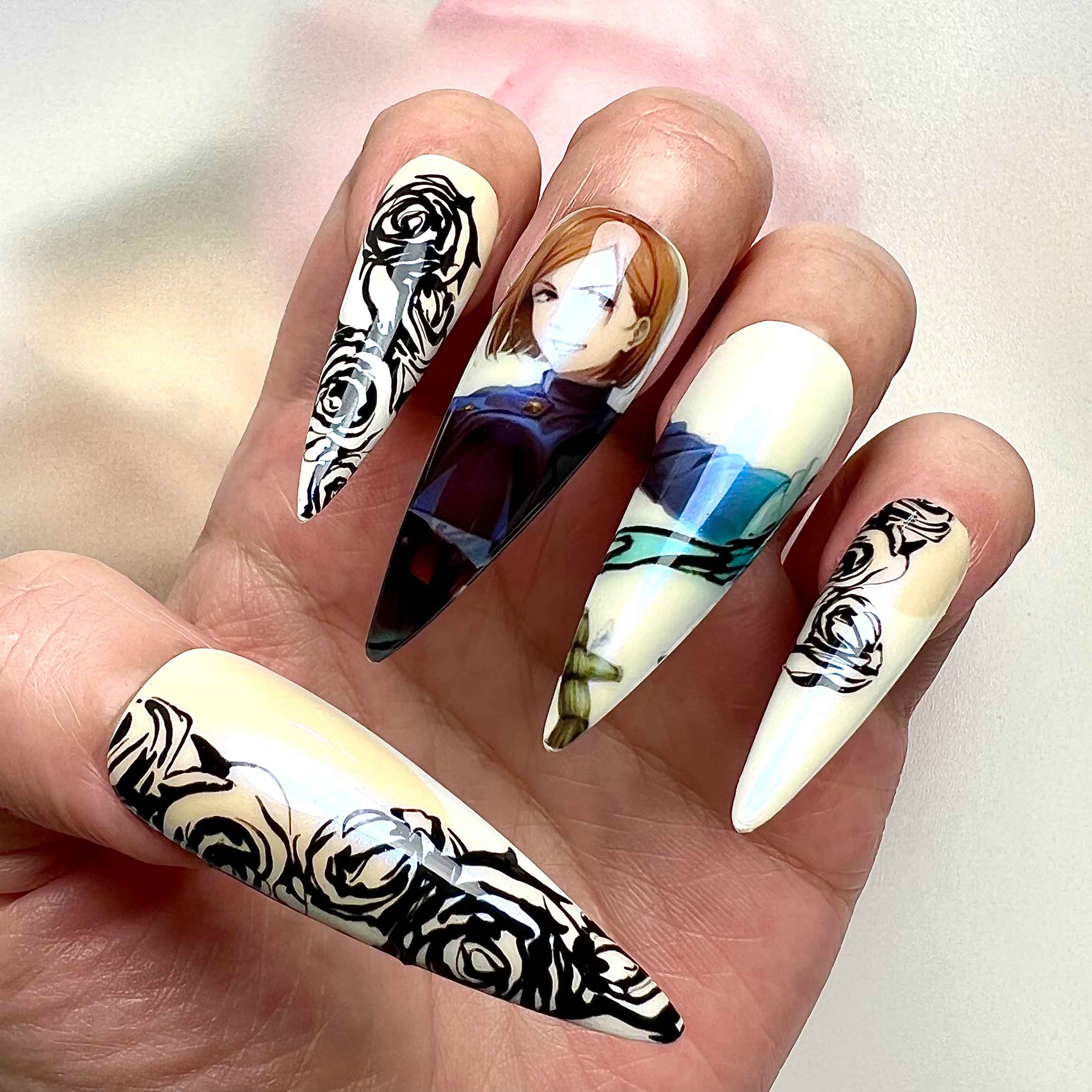 Nobara Kugisaki Nails – Jujutsu Kaisen Press-On Nail Set, Black Rose Curse Edition | Dragonnail