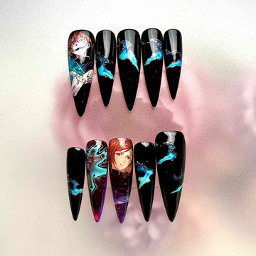 Nobara Kugisaki Nails – Jujutsu Kaisen JJK Press-On Set, Black &amp; Blue Aqua Grunge Anime Design | Dragonnail