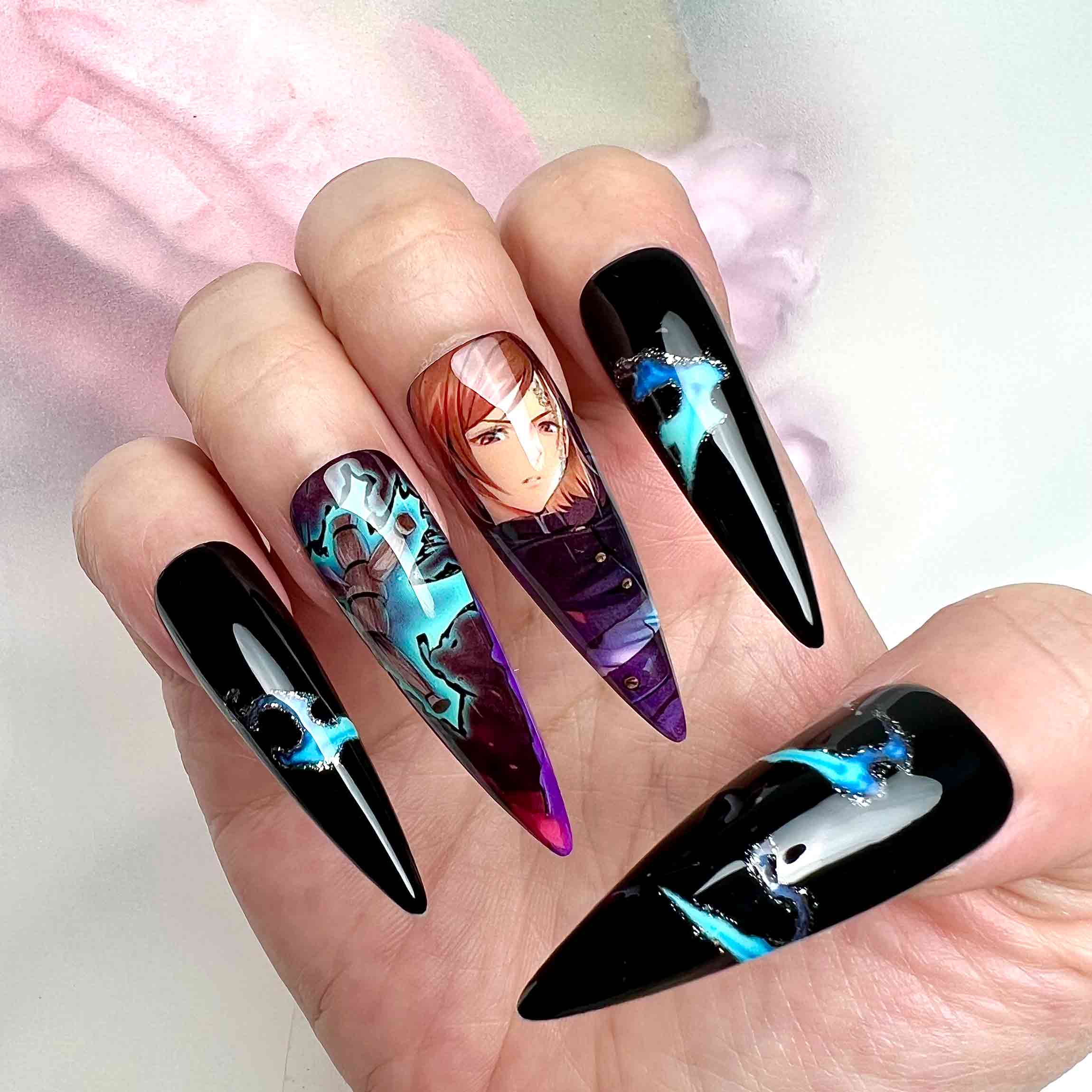 Nobara Kugisaki Nails – Jujutsu Kaisen JJK Press-On Set, Black &amp; Blue Aqua Grunge Anime Design | Dragonnail