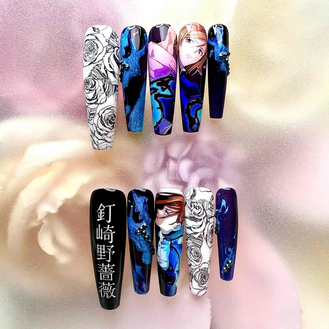 Nobara Kugisaki Nails – Jujutsu Kaisen JJK Press-On Set, Blue Glitter &amp; Rose Line-Art Anime Design | Dragonnail