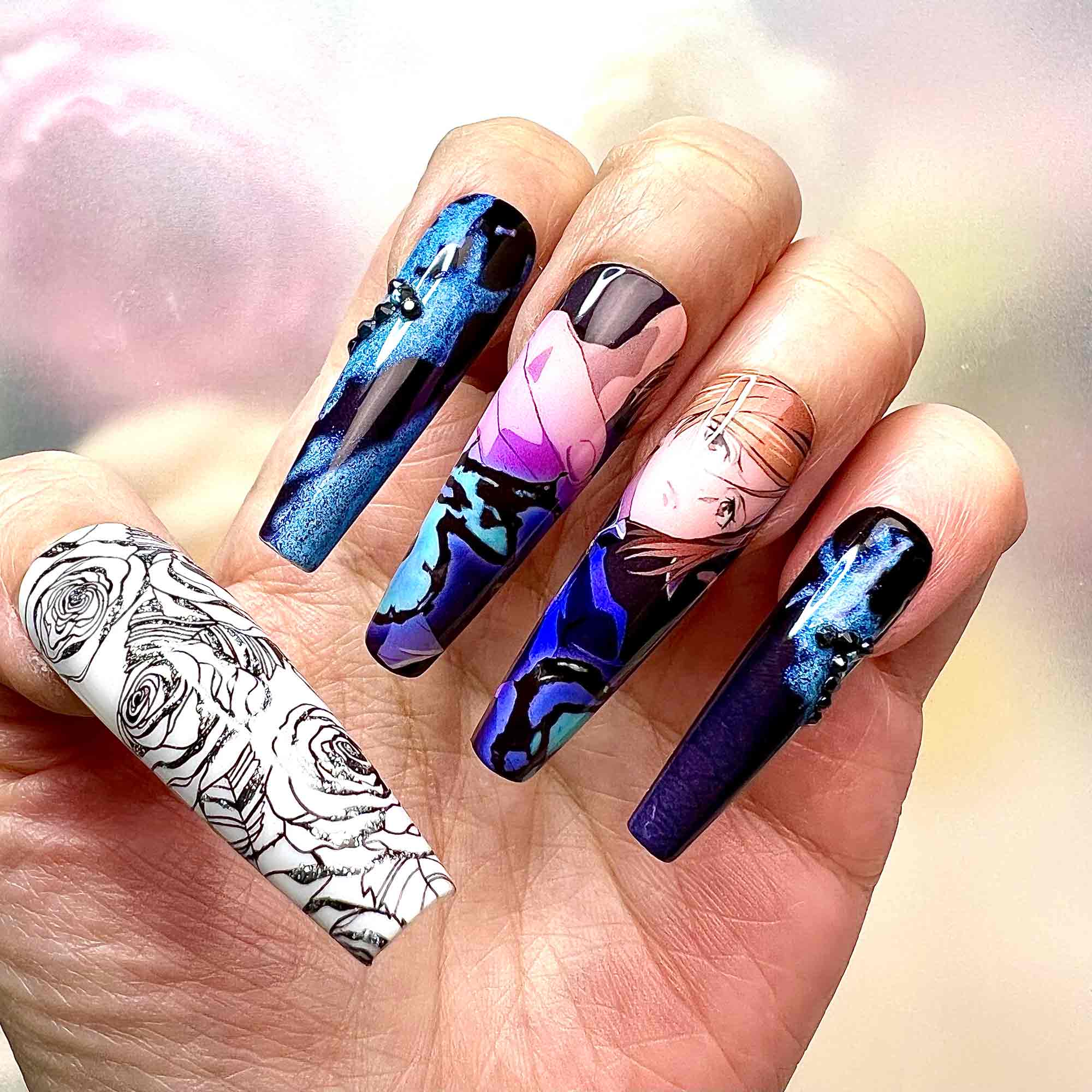 Nobara Kugisaki Nails – Jujutsu Kaisen JJK Press-On Set, Blue Glitter &amp; Rose Line-Art Anime Design | Dragonnail