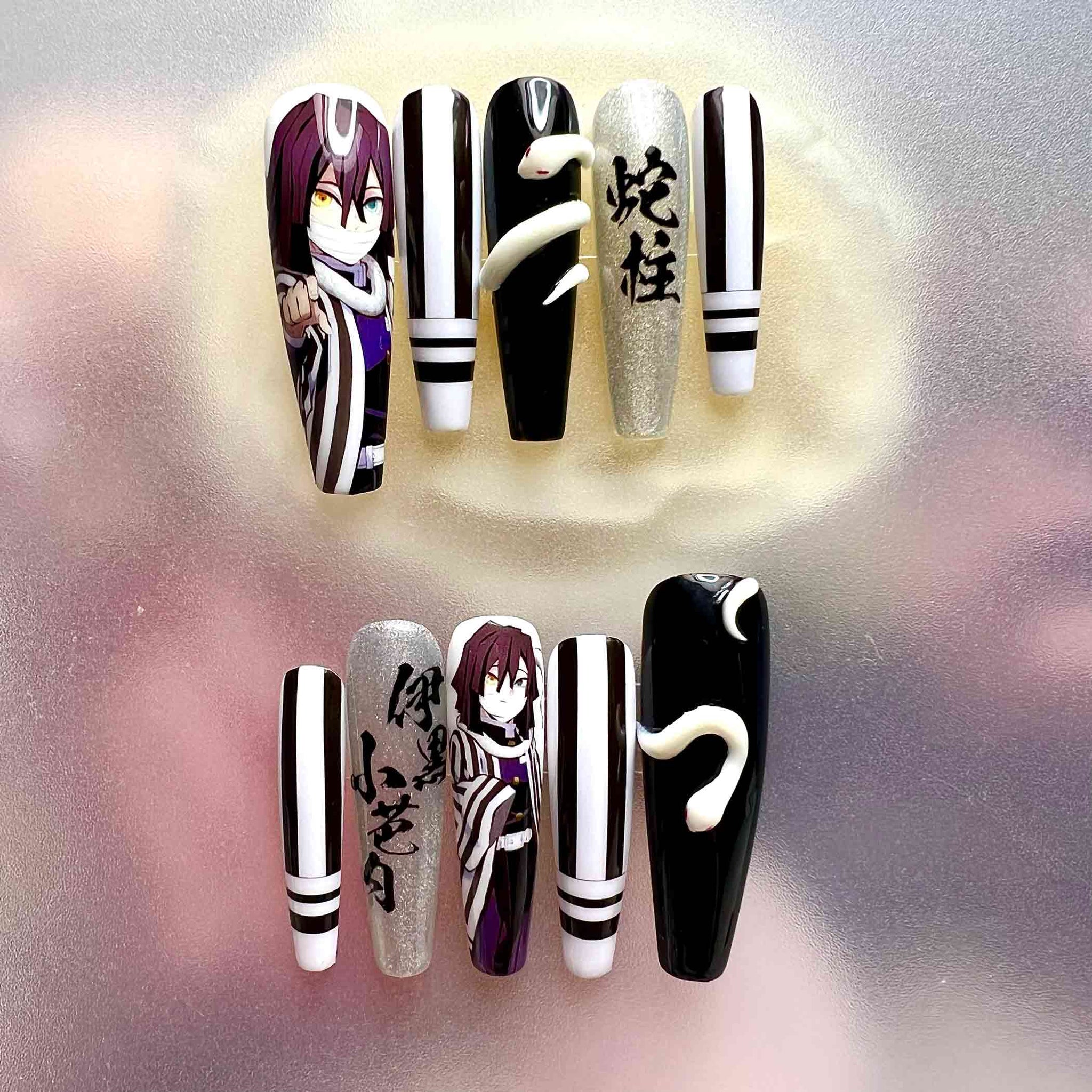 Obanai Iguro Nails – Demon Slayer KNY Press-On Set, 3D Snake &amp; Black/White Stripe Anime Design | Dragonnail