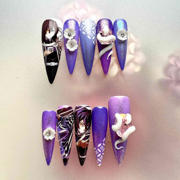 Obanai Iguro Nails – Demon Slayer KNY Press-On Set, 3D Snake &amp; Flower Purple Glitter Design | Dragonnail