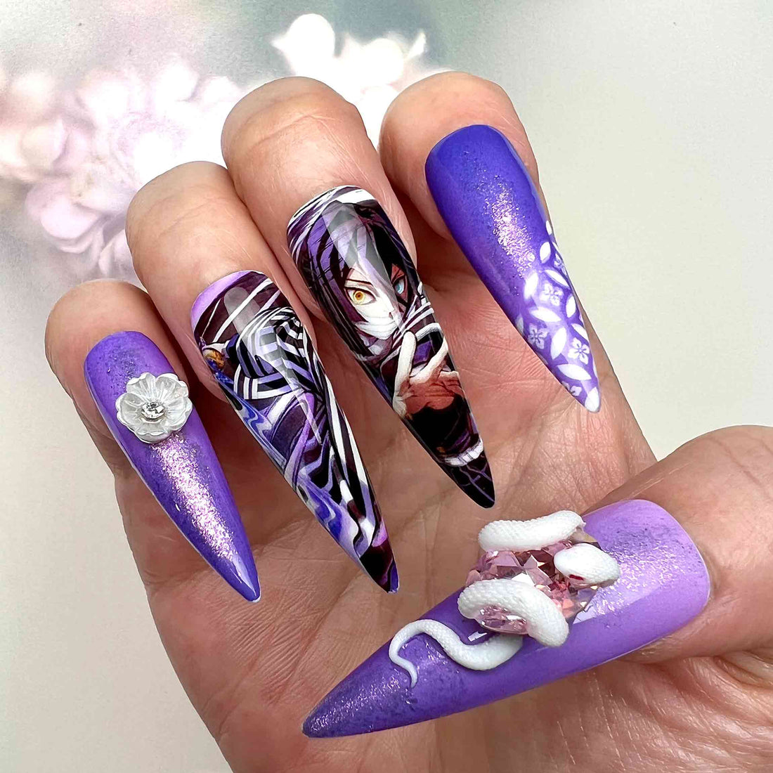 Obanai Iguro Nails – Demon Slayer KNY Press-On Set, 3D Snake &amp; Flower Purple Glitter Design | Dragonnail