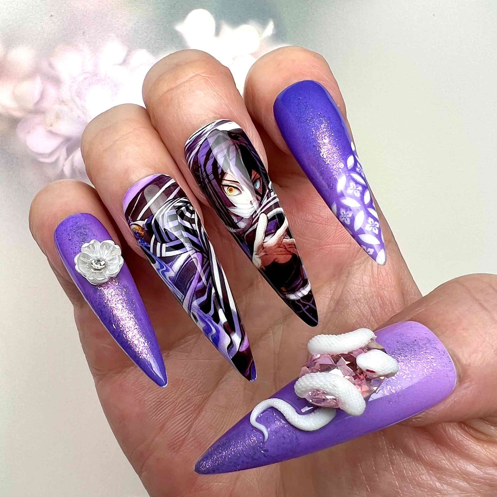 Obanai Iguro Nails – Demon Slayer KNY Press-On Set, 3D Snake &amp; Flower Purple Glitter Design | Dragonnail