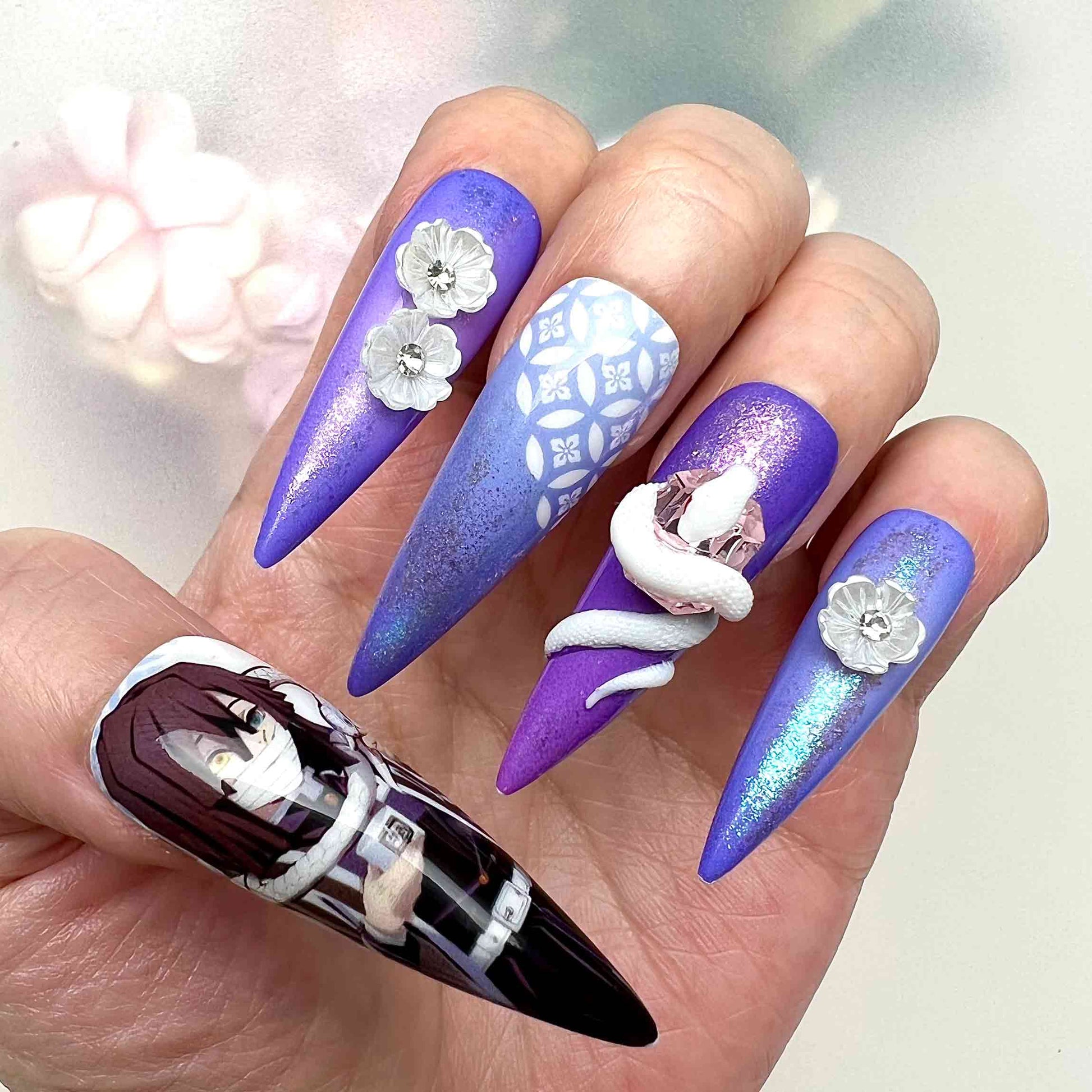 Obanai Iguro Nails – Demon Slayer KNY Press-On Set, 3D Snake &amp; Flower Purple Glitter Design | Dragonnail