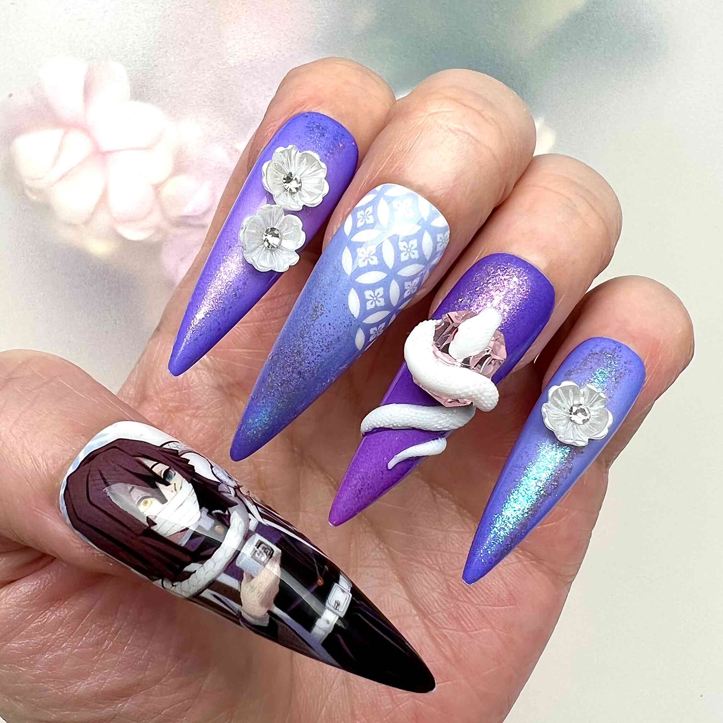 Obanai Iguro Nails – Demon Slayer KNY Press-On Set, 3D Snake &amp; Flower Purple Glitter Design | Dragonnail
