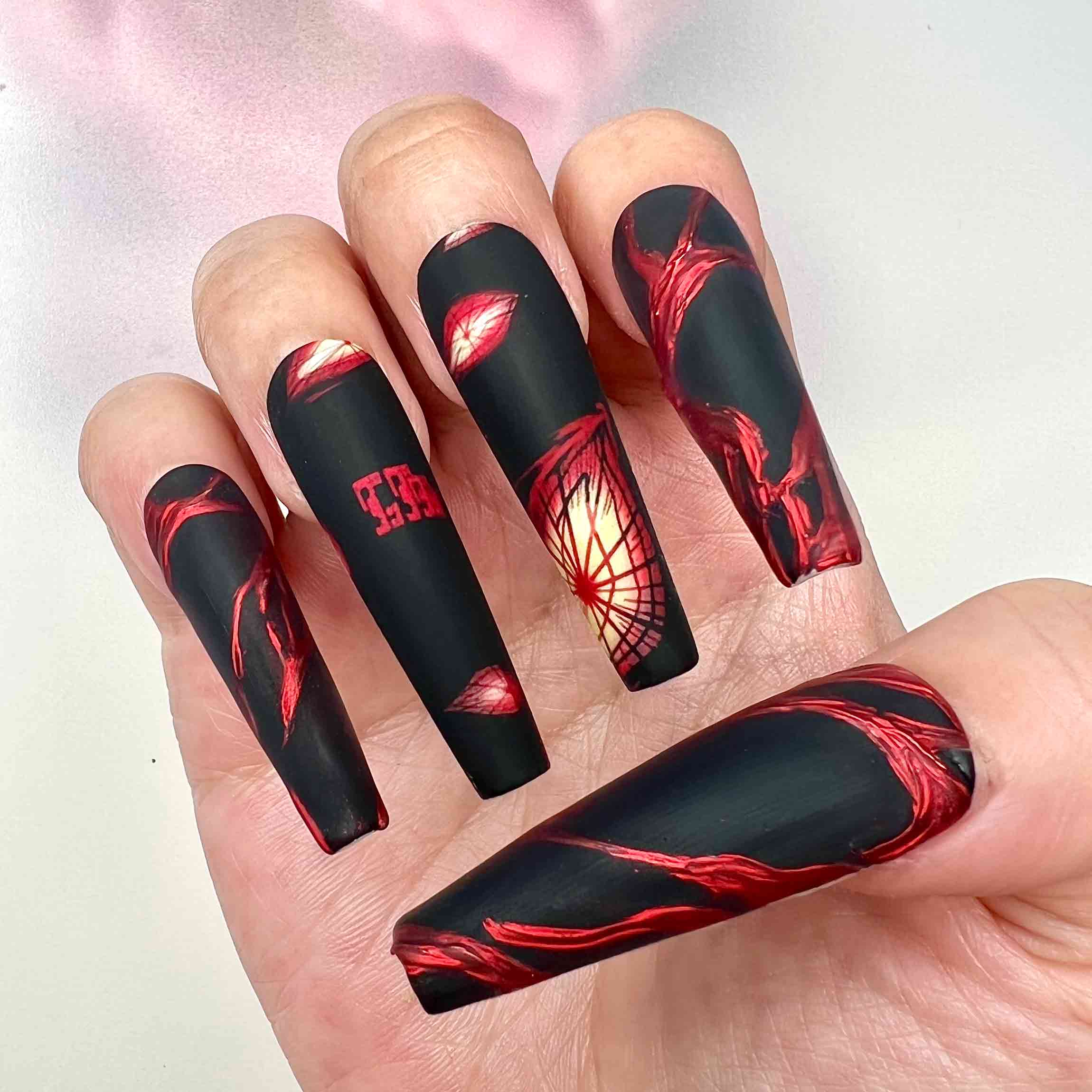 Shogo Makishima Nails – Psycho-Pass Press-On Set, 3D Red Chrome &amp; Matte Black Gothic Anime Design | Dragonnail