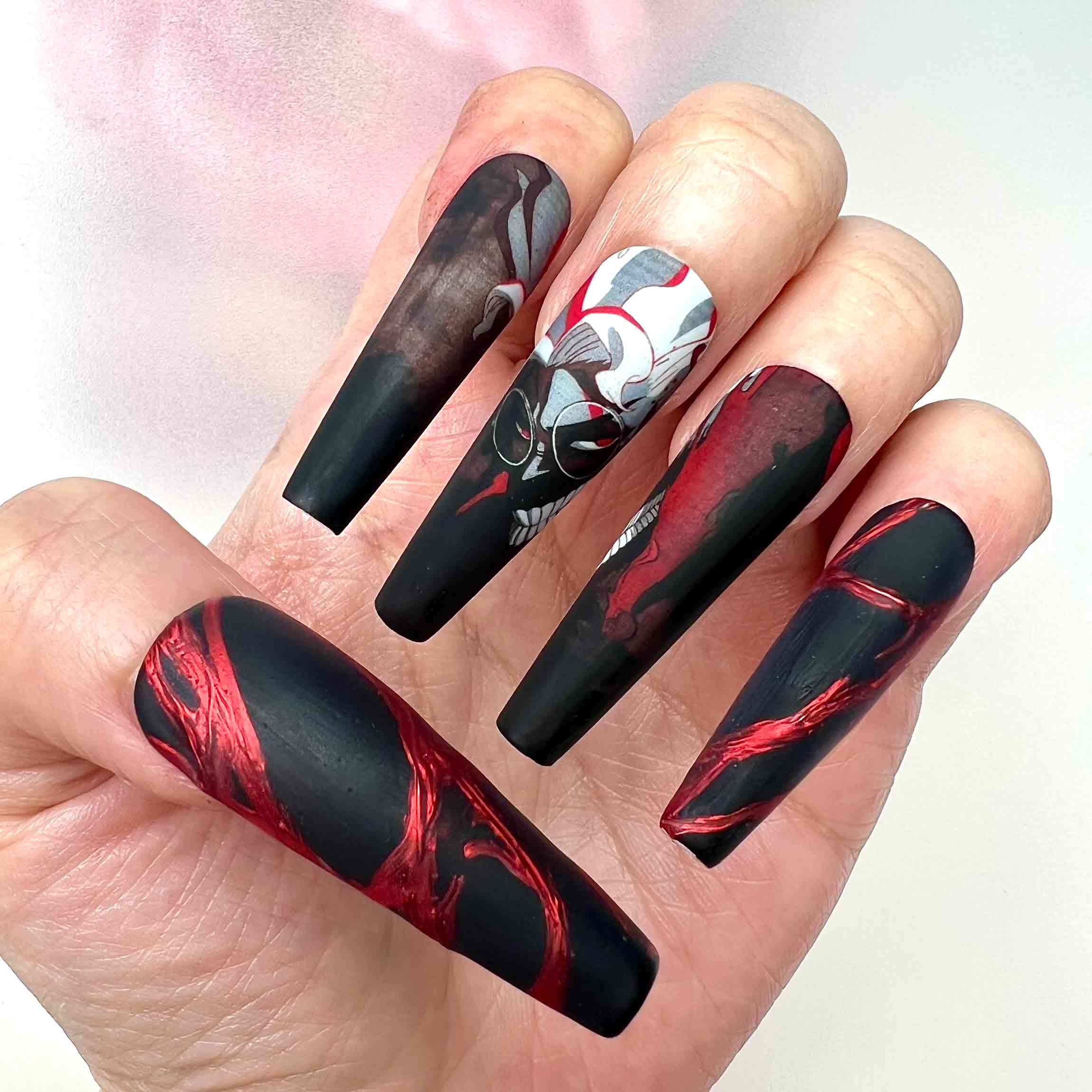 Shogo Makishima Nails – Psycho-Pass Press-On Set, 3D Red Chrome &amp; Matte Black Gothic Anime Design | Dragonnail