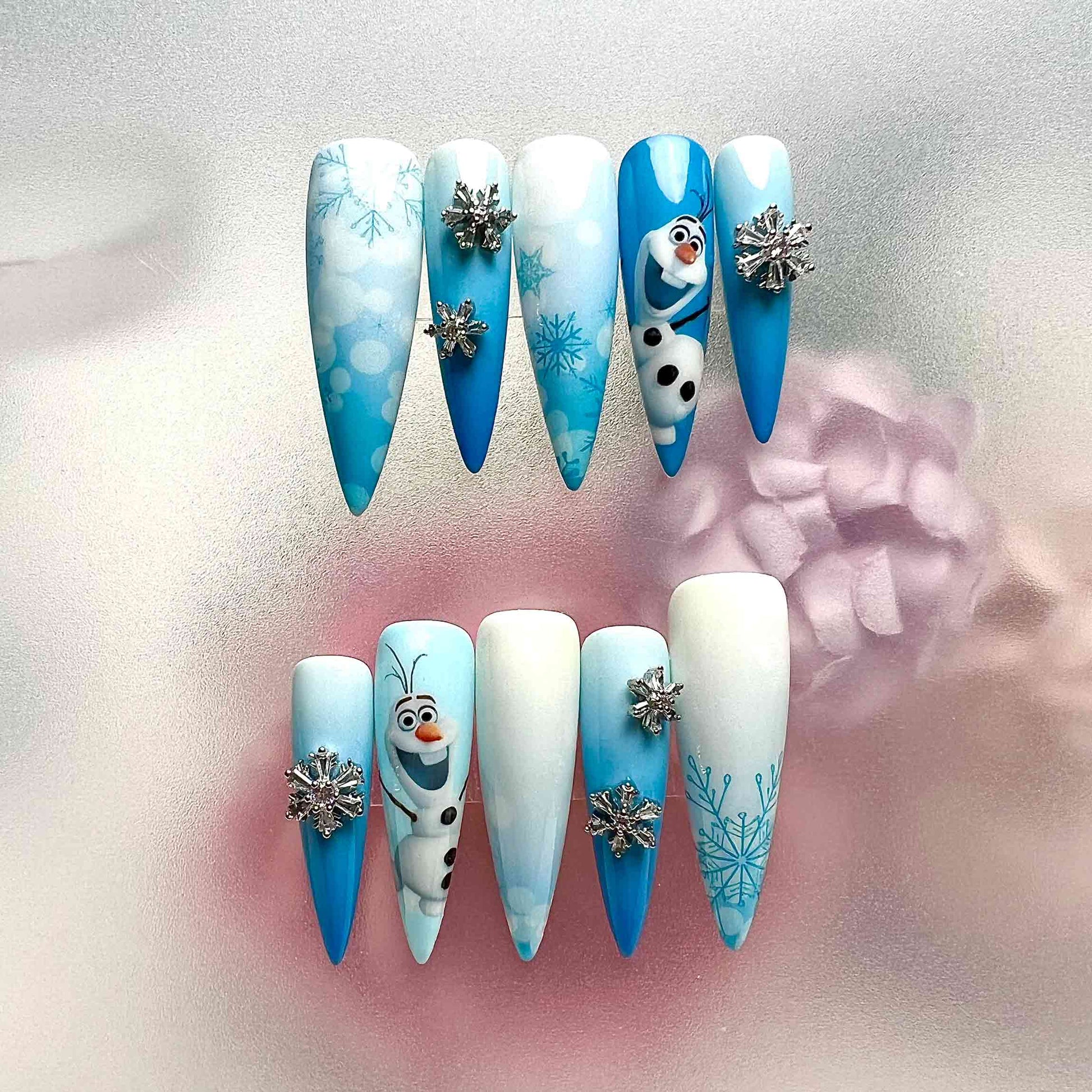 Frozen Nails – Disney Olaf Press-On Set, 3D Snowflake Gem &amp; Winter Blue Design | Dragonnail