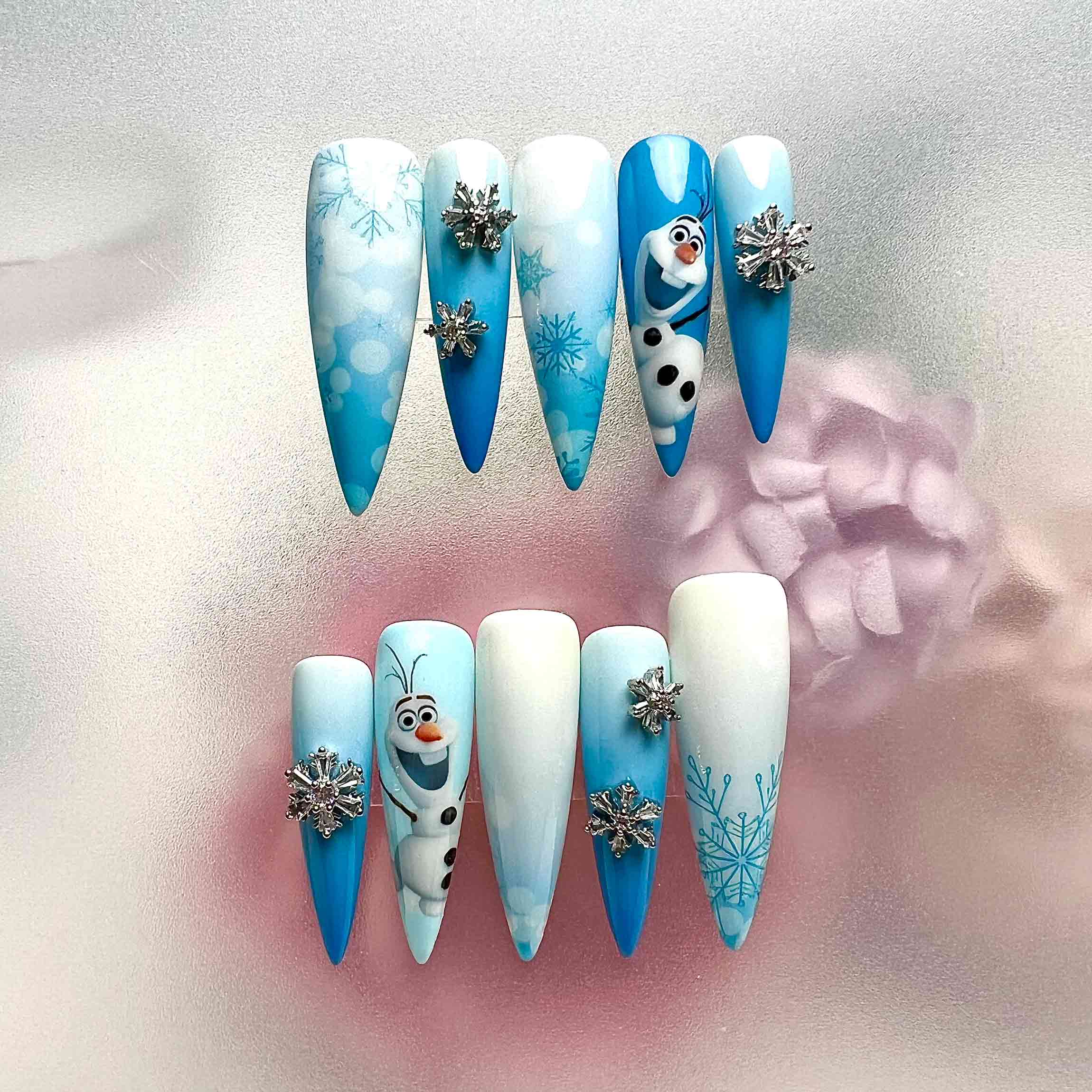 Frozen Nails – Disney Olaf Press-On Set, 3D Snowflake Gem &amp; Winter Blue Design | Dragonnail