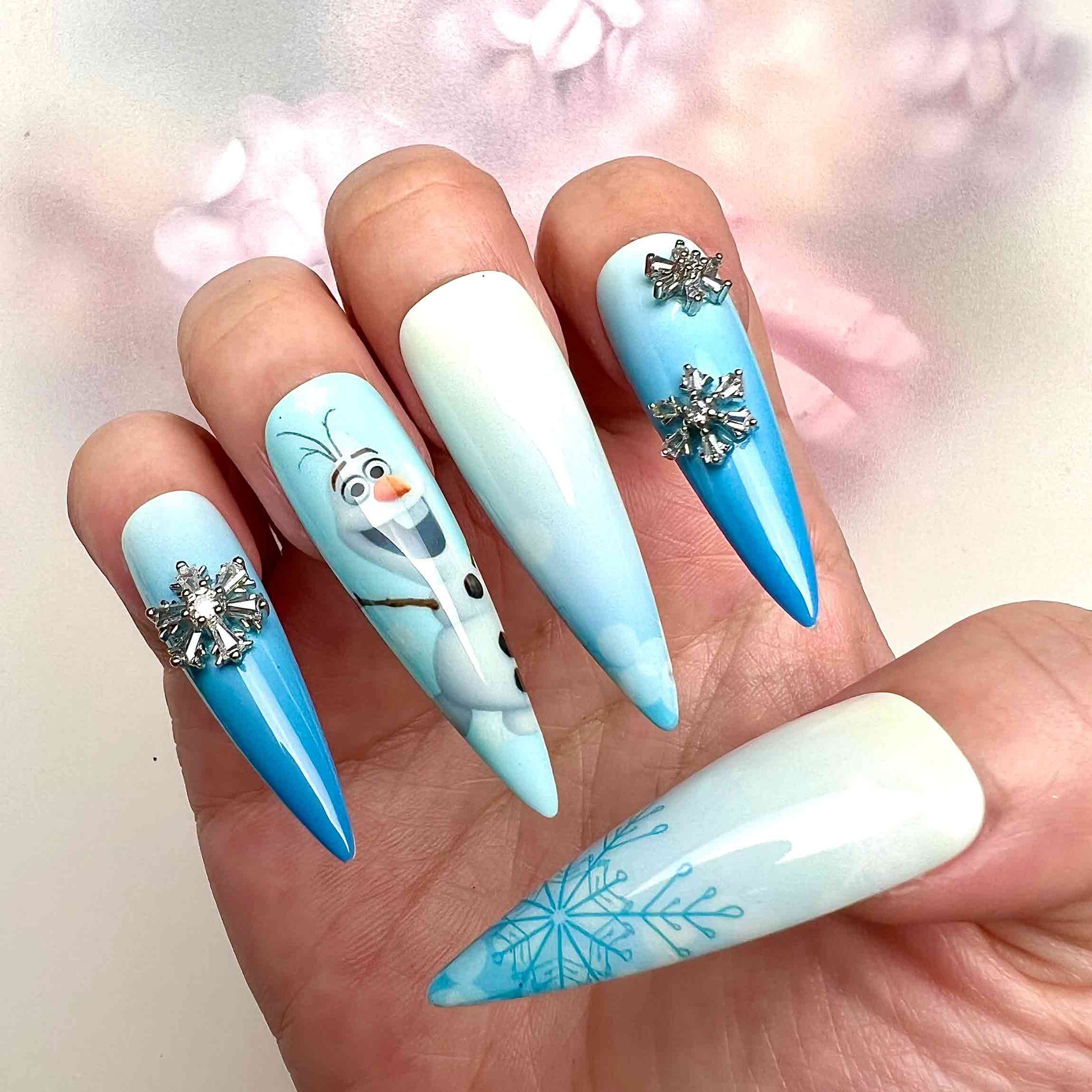 Frozen Nails – Disney Olaf Press-On Set, 3D Snowflake Gem &amp; Winter Blue Design | Dragonnail