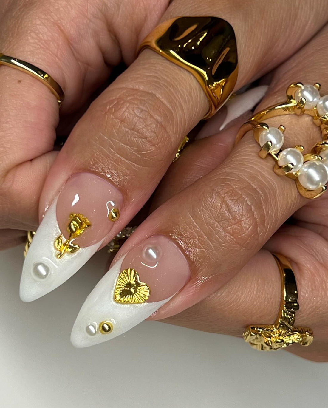 Hand-Painted Religious Baroque 3D Gold Charm Long Stiletto Press On Nails - Luxury Pearl Wedding, Gothic Bridal, and Elegant Event Nail Art