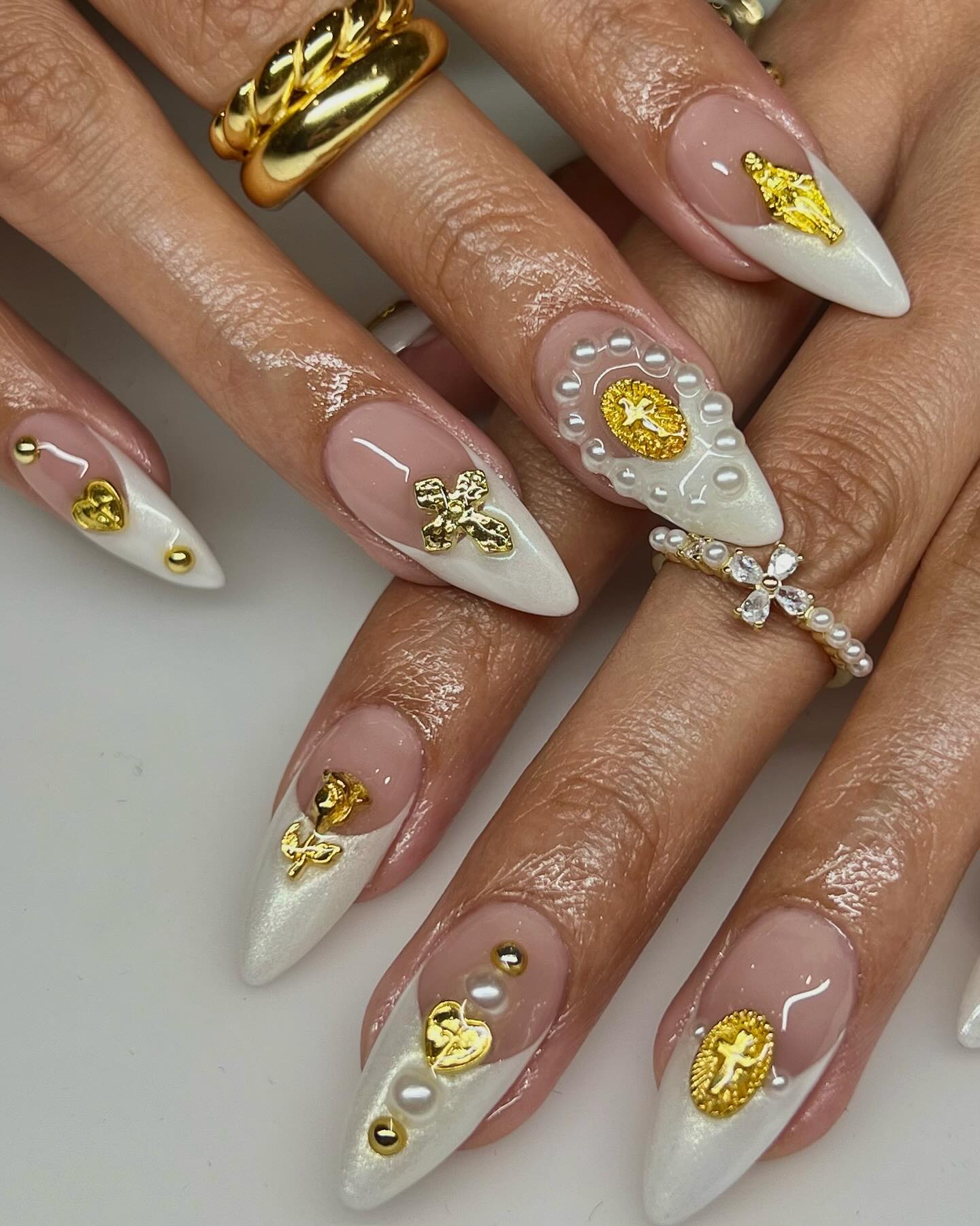 Hand-Painted Religious Baroque 3D Gold Charm Long Stiletto Press On Nails - Luxury Pearl Wedding, Gothic Bridal, and Elegant Event Nail Art