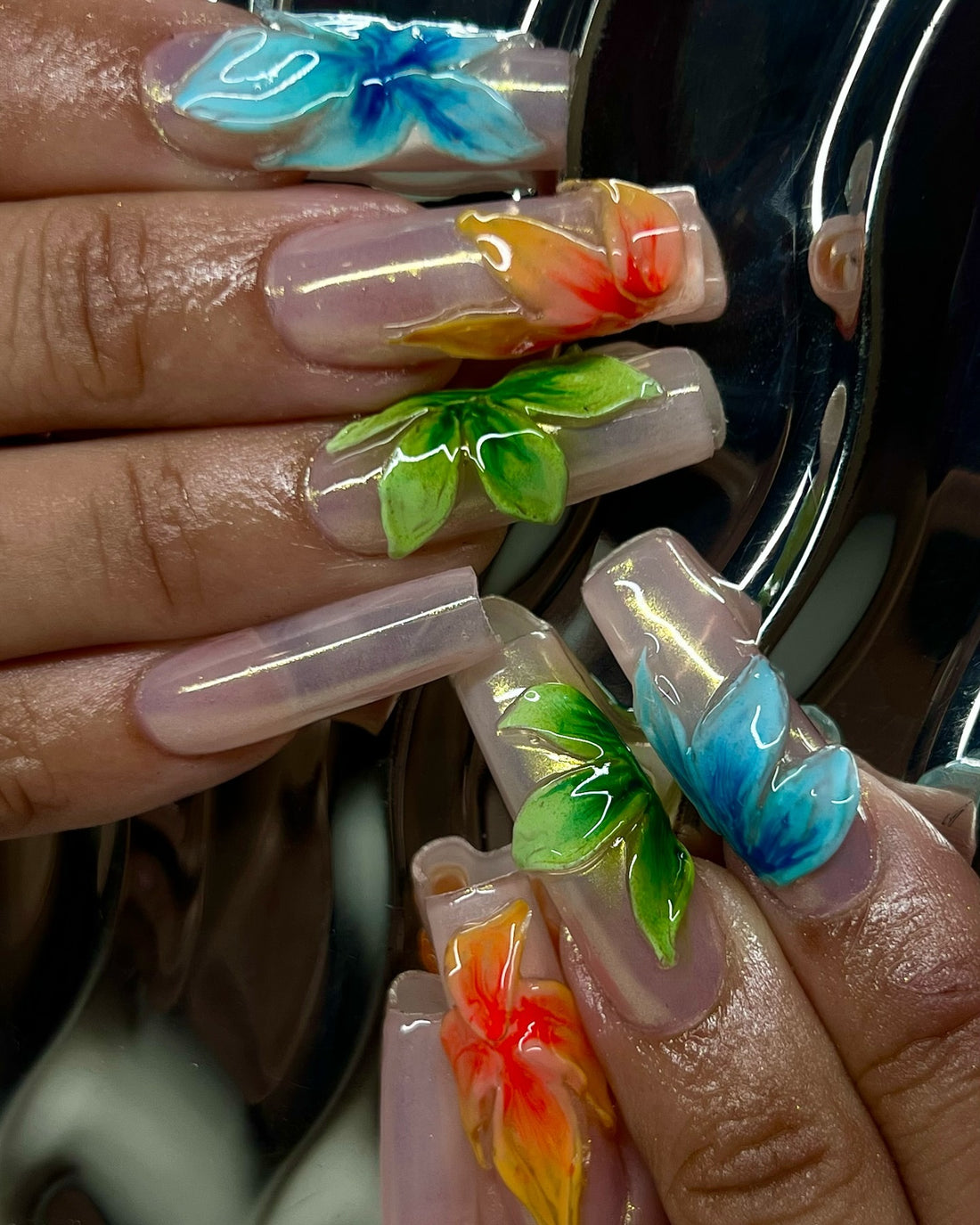 Handmade 3D Tropical Hibiscus Press On Nails - Long Square Iridescent Aurora Nails - Colorful Green, Blue & Orange 3D Flower Summer Nail Art