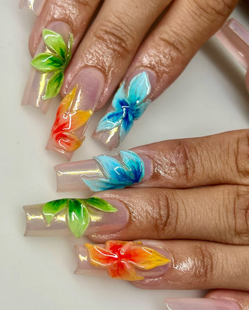 Handmade 3D Tropical Hibiscus Press On Nails - Long Square Iridescent Aurora Nails - Colorful Green, Blue & Orange 3D Flower Summer Nail Art