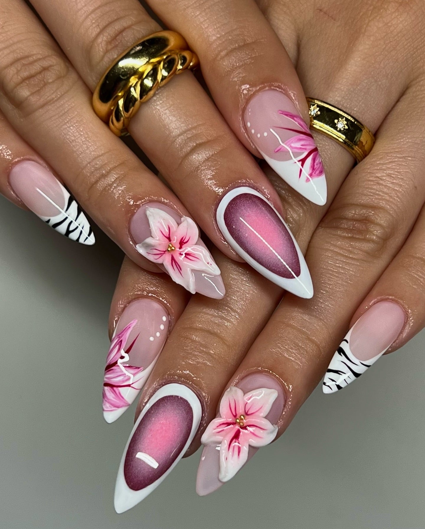 Handmade 3D Lily & Zebra Press On Nails - Long Almond Pink Velvet Aura Nails - Luxury White French Tip & Animal Print Summer Nail Art