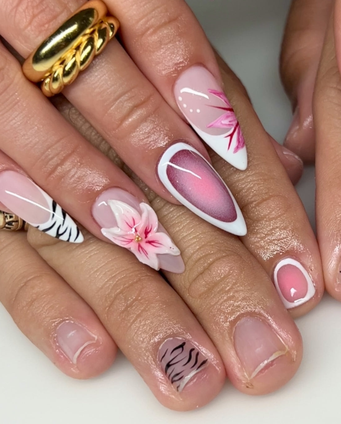 Handmade 3D Lily & Zebra Press On Nails - Long Almond Pink Velvet Aura Nails - Luxury White French Tip & Animal Print Summer Nail Art