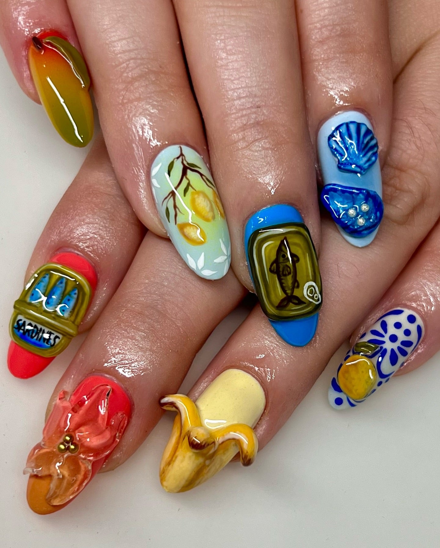 Handmade 3D Sardine Can & Lemon Press On Nails - Long Almond Mediterranean Summer Nails - Euro Summer Tinned Fish & Seashell Nail Art