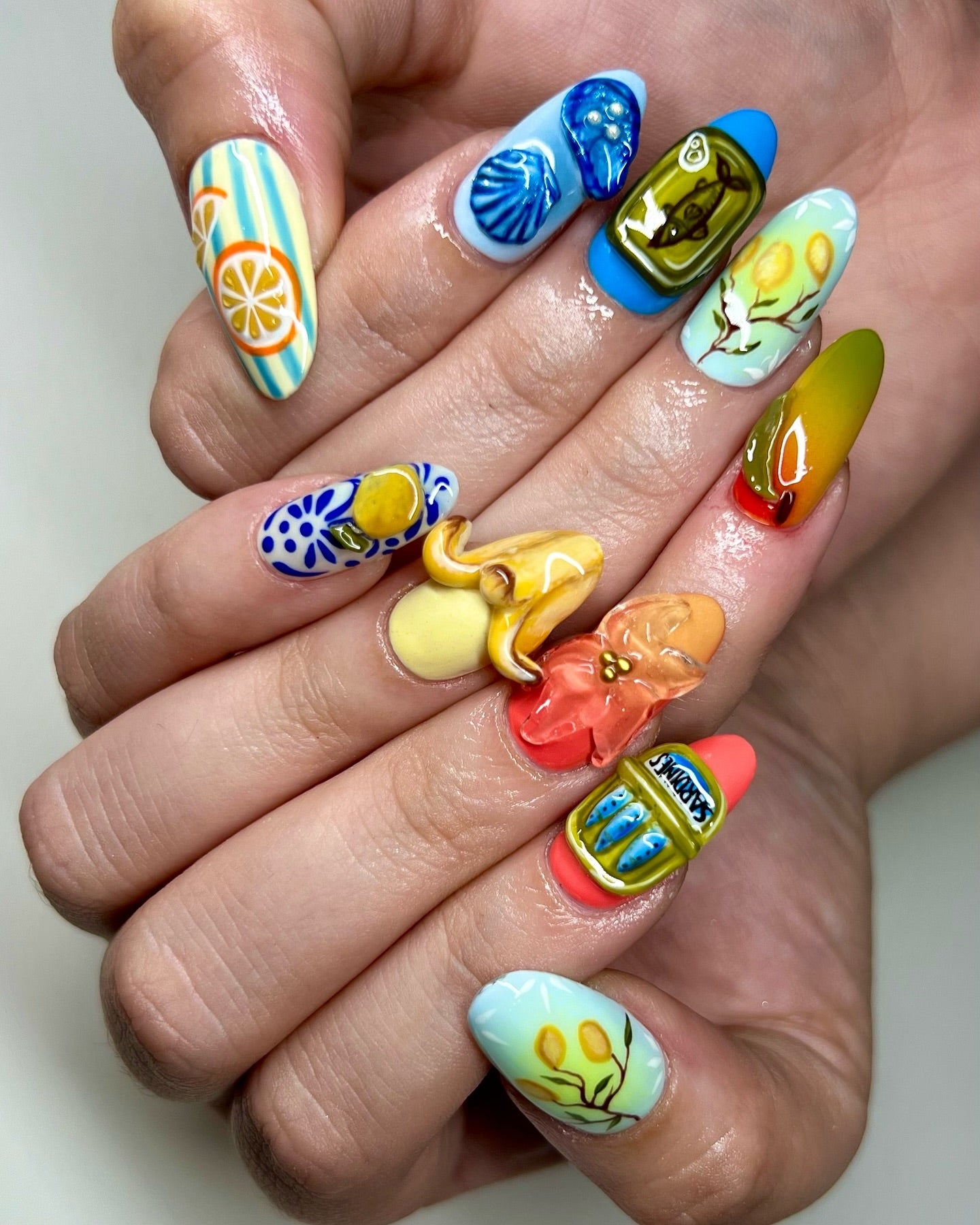 Handmade 3D Sardine Can & Lemon Press On Nails - Long Almond Mediterranean Summer Nails - Euro Summer Tinned Fish & Seashell Nail Art