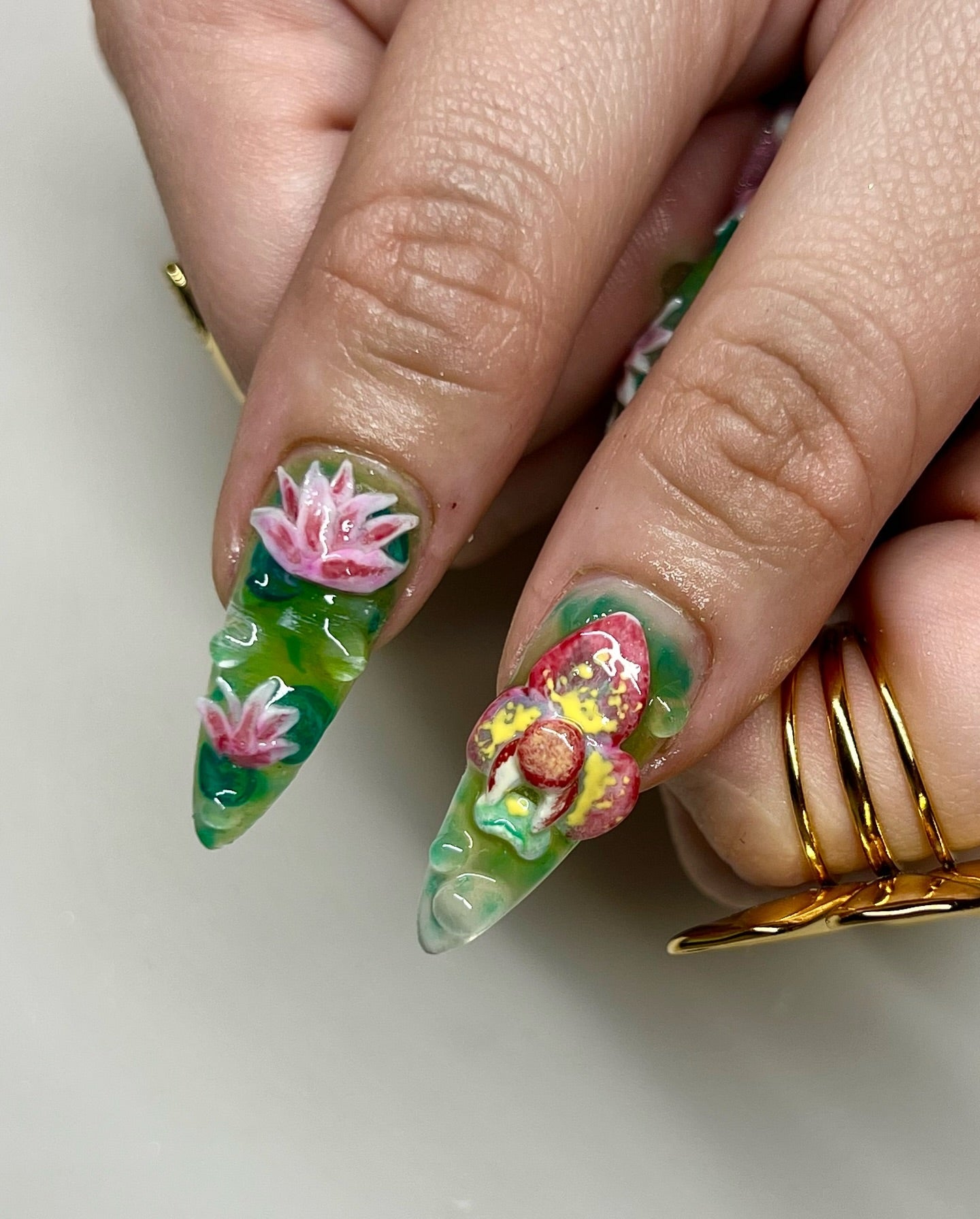 Handmade 3D Orchid & Fluid Art Press On Nails - Long Stiletto Green & Magenta Botanical Nails - Luxury Avant-Garde Floral Art with Dew Drops