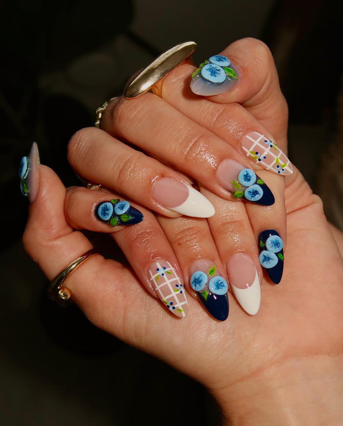 Handmade 3D Blueberry Press On Nails - Long Almond Navy Blue & White Gingham Nails - Cottagecore Fruit Art & Picnic French Tip Nails