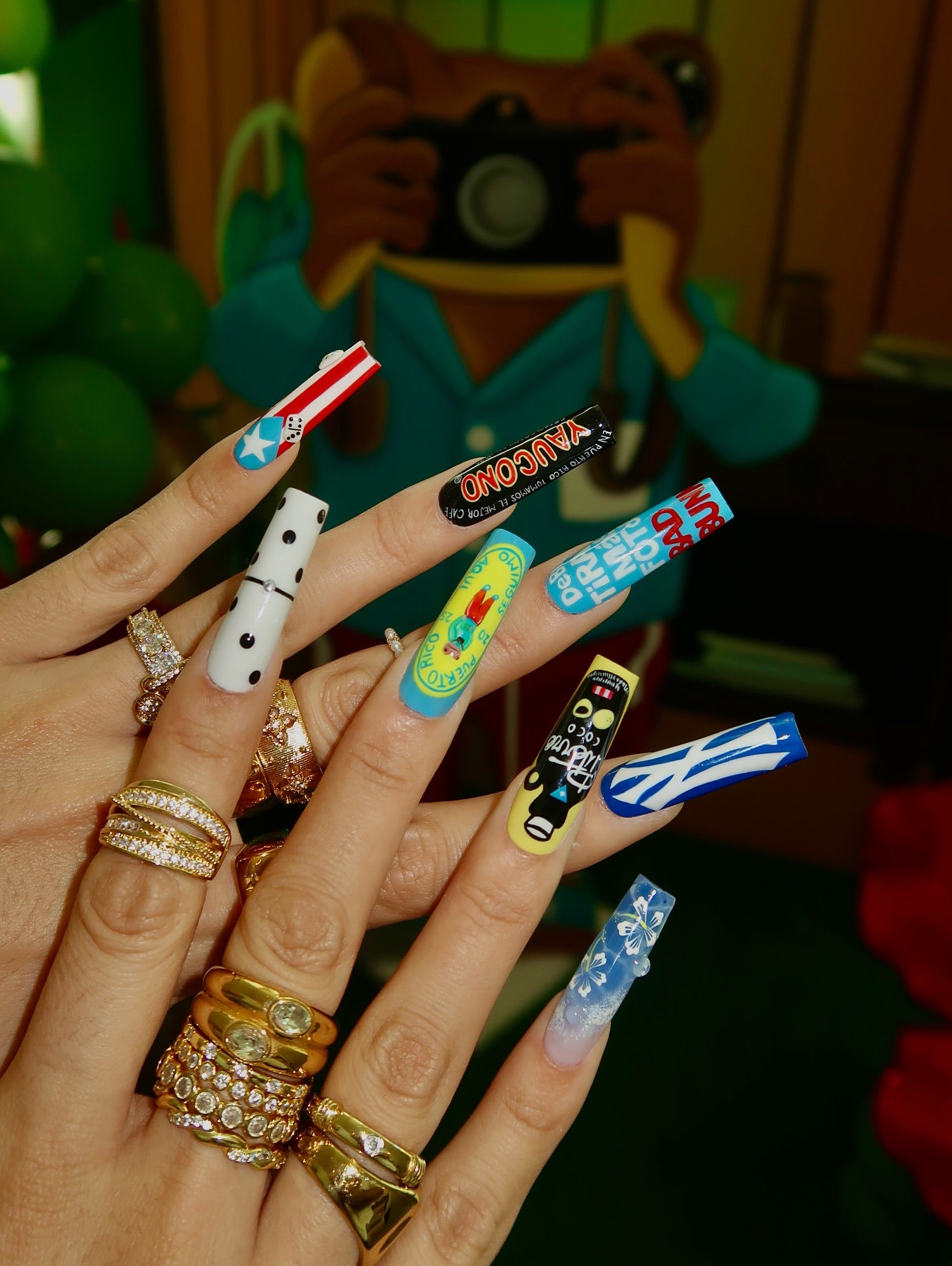 Handmade Puerto Rico Heritage Press On Nails - XL Square Cultural Pop Art Nails - Yaucono Coffee, Domino & Flag Design - Luxury Custom Pride Art