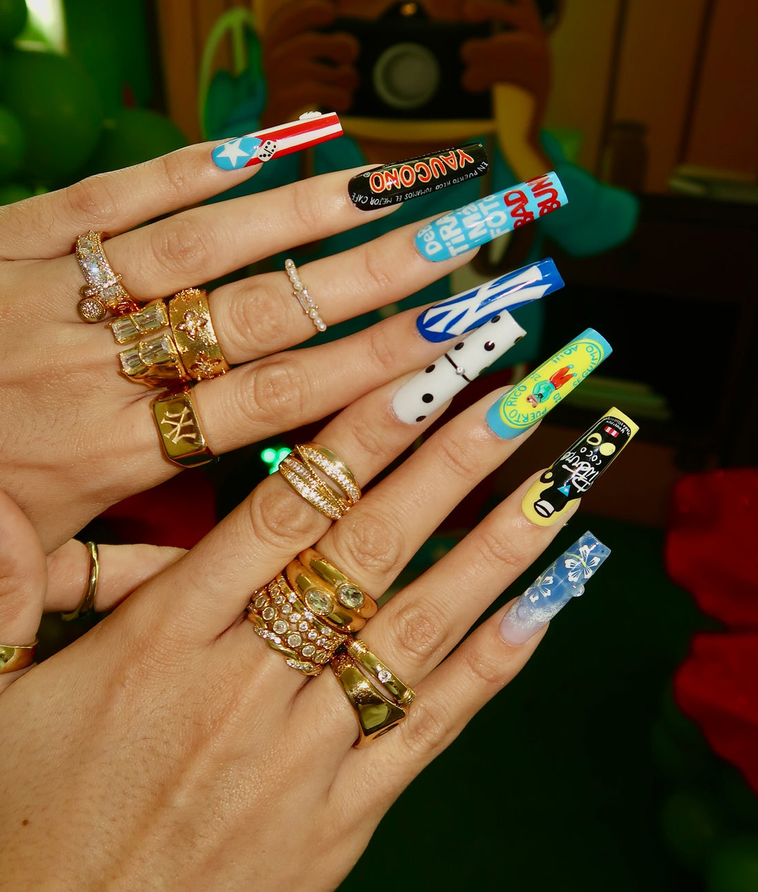 Handmade Puerto Rico Heritage Press On Nails - XL Square Cultural Pop Art Nails - Yaucono Coffee, Domino & Flag Design - Luxury Custom Pride Art