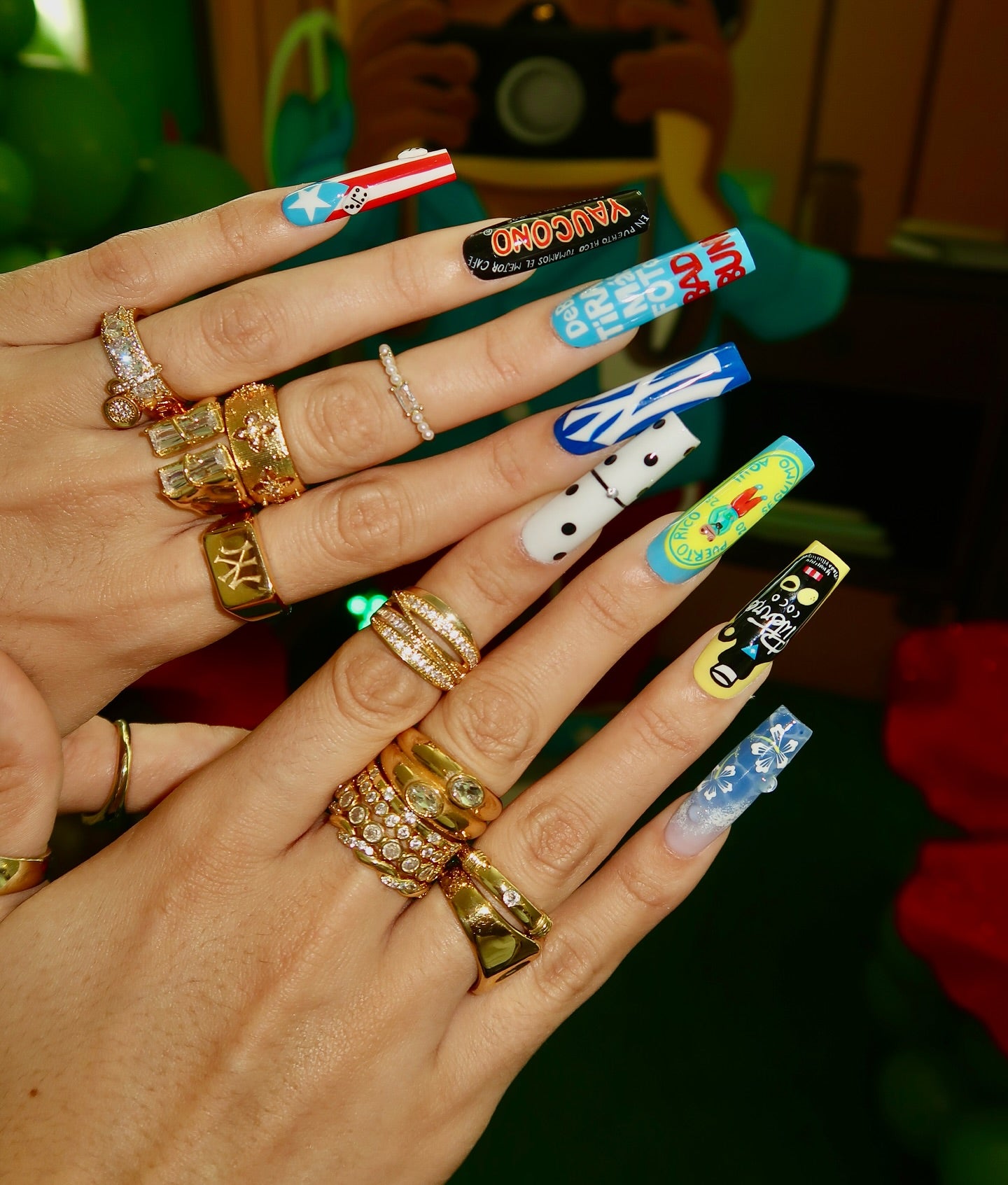 Handmade Puerto Rico Heritage Press On Nails - XL Square Cultural Pop Art Nails - Yaucono Coffee, Domino & Flag Design - Luxury Custom Pride Art