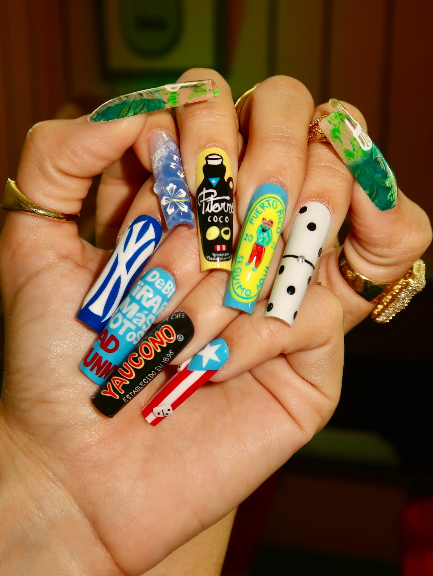 Handmade Puerto Rico Heritage Press On Nails - XL Square Cultural Pop Art Nails - Yaucono Coffee, Domino & Flag Design - Luxury Custom Pride Art