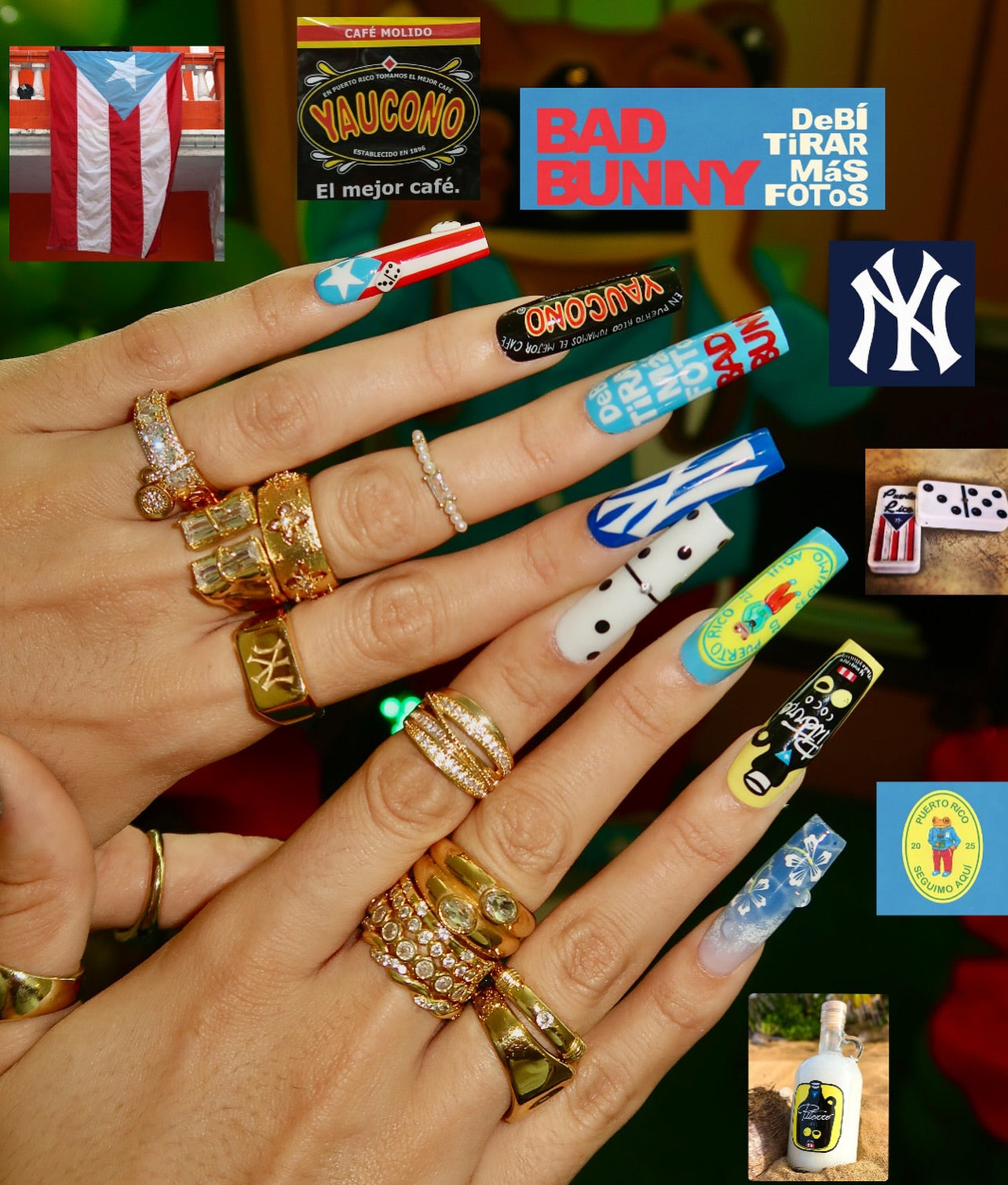 Handmade Puerto Rico Heritage Press On Nails - XL Square Cultural Pop Art Nails - Yaucono Coffee, Domino & Flag Design - Luxury Custom Pride Art