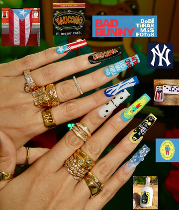 Handmade Puerto Rico Heritage Press On Nails - XL Square Cultural Pop Art Nails - Yaucono Coffee, Domino & Flag Design - Luxury Custom Pride Art