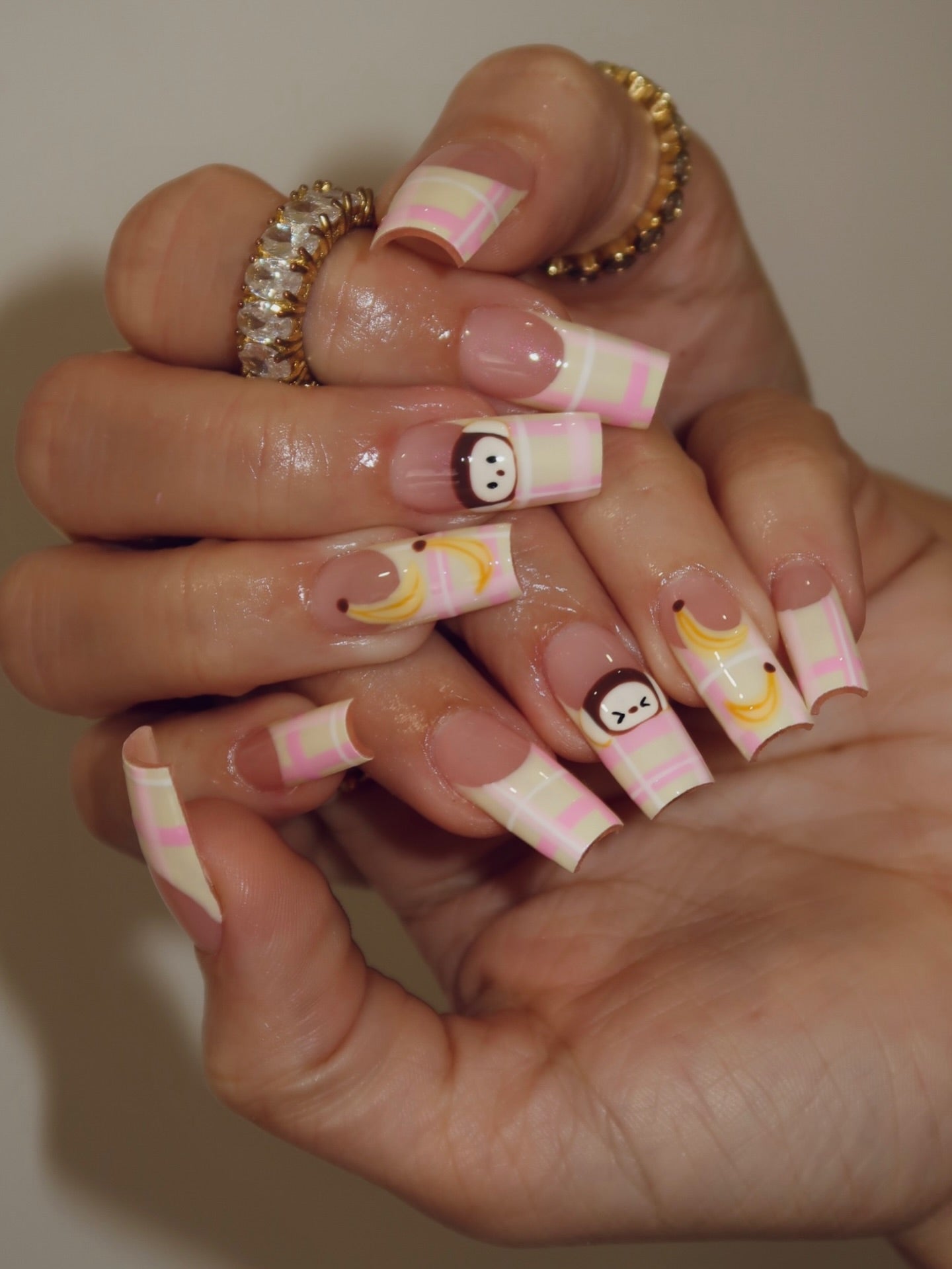 Handmade Cute Monkey & Banana Press On Nails - Long Square Pastel Plaid French Tip Nails - Kawaii Hand-Painted Character Summer Nail Art