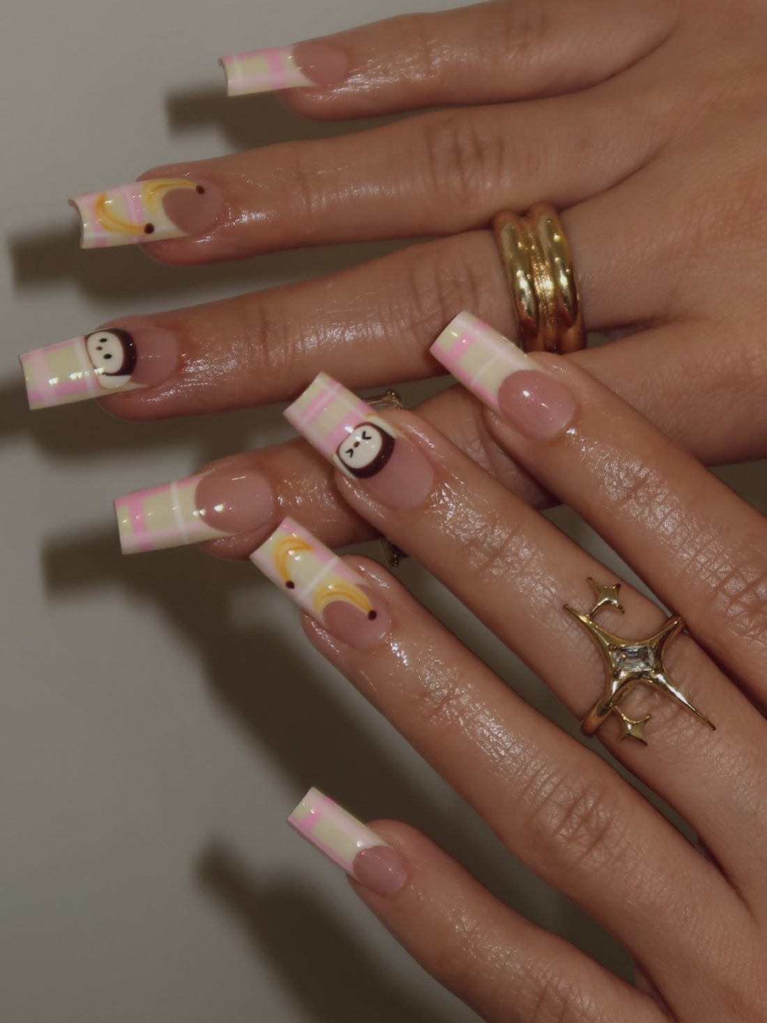 Handmade Cute Monkey & Banana Press On Nails - Long Square Pastel Plaid French Tip Nails - Kawaii Hand-Painted Character Summer Nail Art