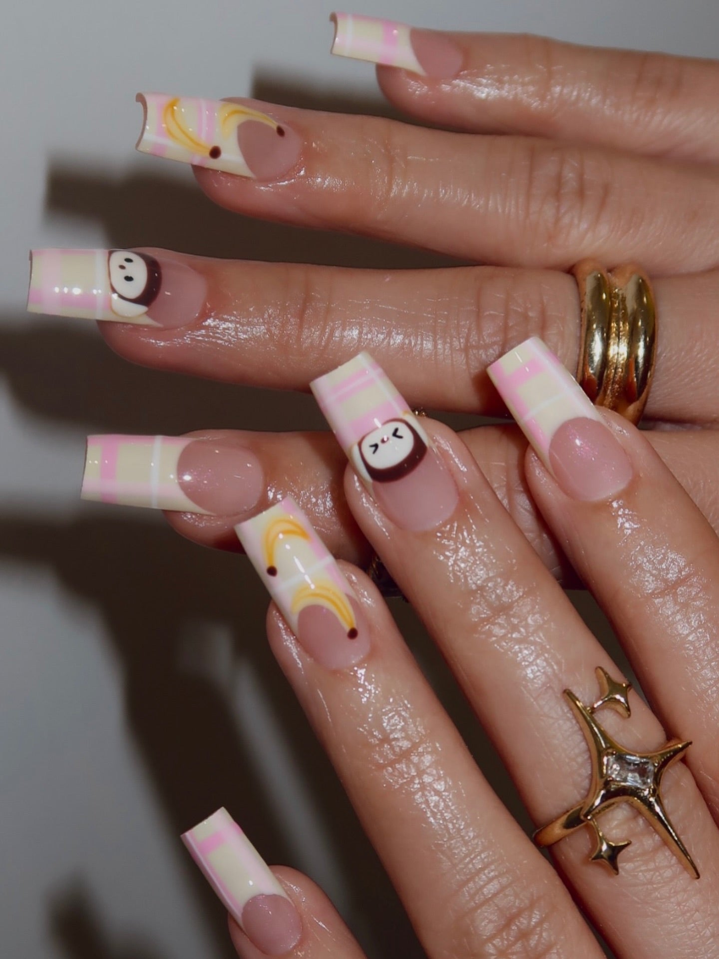 Handmade Cute Monkey & Banana Press On Nails - Long Square Pastel Plaid French Tip Nails - Kawaii Hand-Painted Character Summer Nail Art