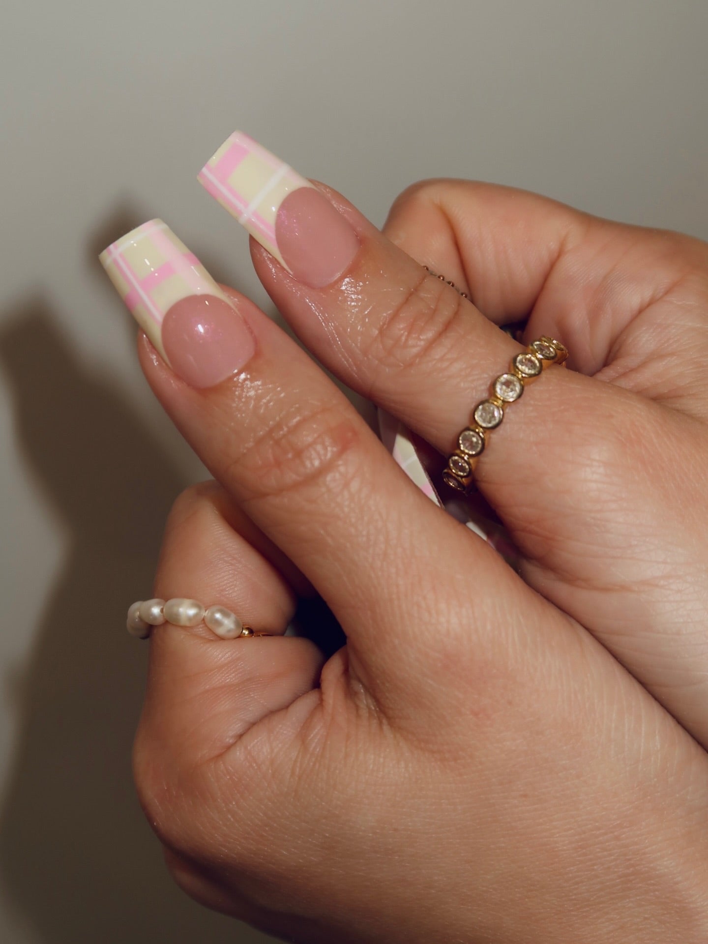 Handmade Cute Monkey & Banana Press On Nails - Long Square Pastel Plaid French Tip Nails - Kawaii Hand-Painted Character Summer Nail Art