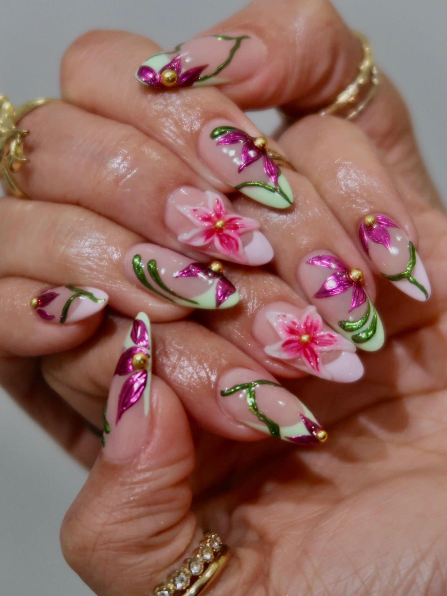 Handmade 3D Metallic Flower Press On Nails - Long Almond Chrome Green Vine Nails - Pink Lily & Magenta Floral Art Luxury Fairy Core Nails