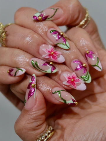 Handmade 3D Metallic Flower Press On Nails - Long Almond Chrome Green Vine Nails - Pink Lily & Magenta Floral Art Luxury Fairy Core Nails