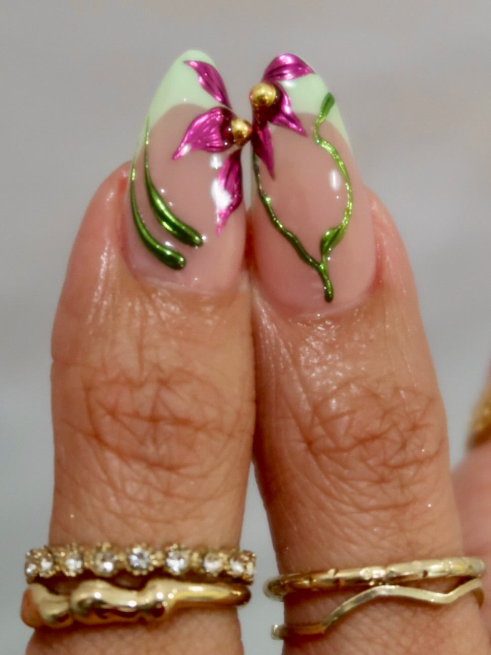 Handmade 3D Metallic Flower Press On Nails - Long Almond Chrome Green Vine Nails - Pink Lily & Magenta Floral Art Luxury Fairy Core Nails