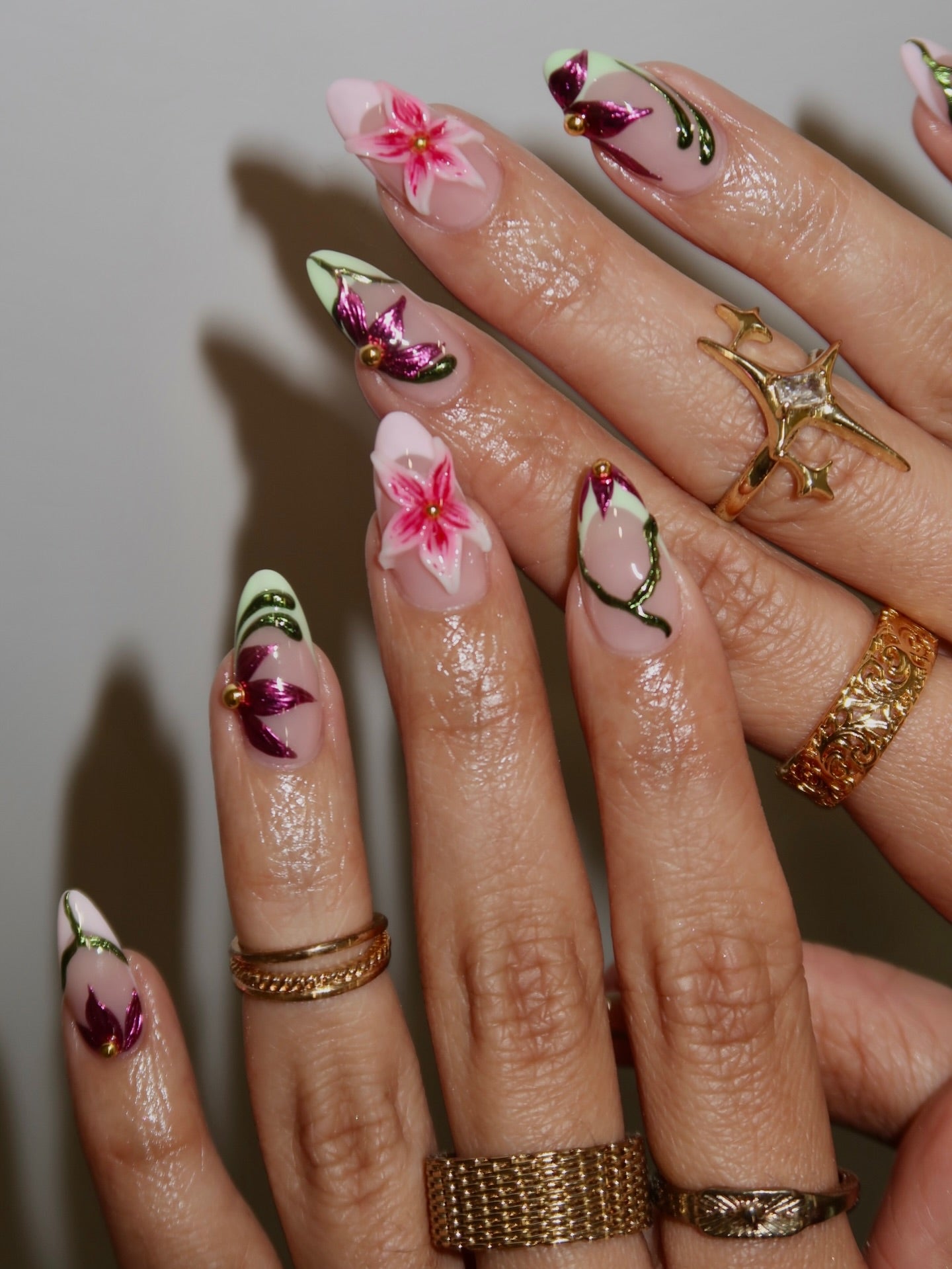 Handmade 3D Metallic Flower Press On Nails - Long Almond Chrome Green Vine Nails - Pink Lily & Magenta Floral Art Luxury Fairy Core Nails