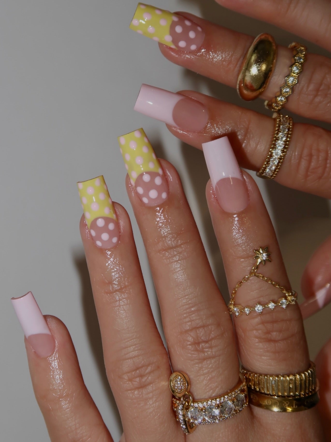 Handmade Pastel Yellow & Pink Polka Dot Press On Nails - Long Square Retro French Tip Nails - Cute Spring Summer Pop Art Fake Nails
