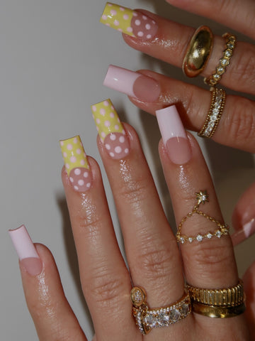 Handmade Pastel Yellow & Pink Polka Dot Press On Nails - Long Square Retro French Tip Nails - Cute Spring Summer Pop Art Fake Nails